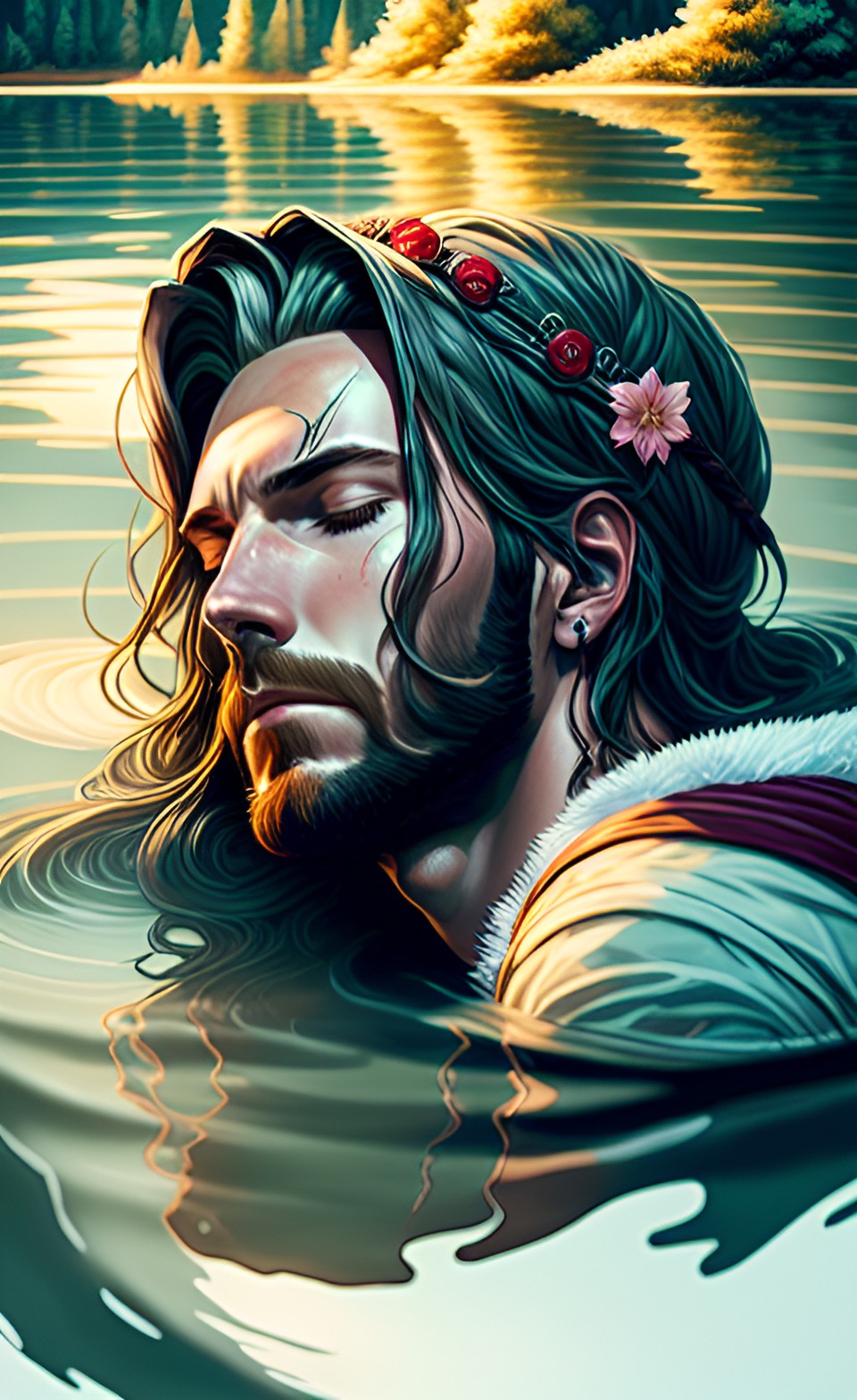 troy baker as the godess persephone sleeping in a lake preview