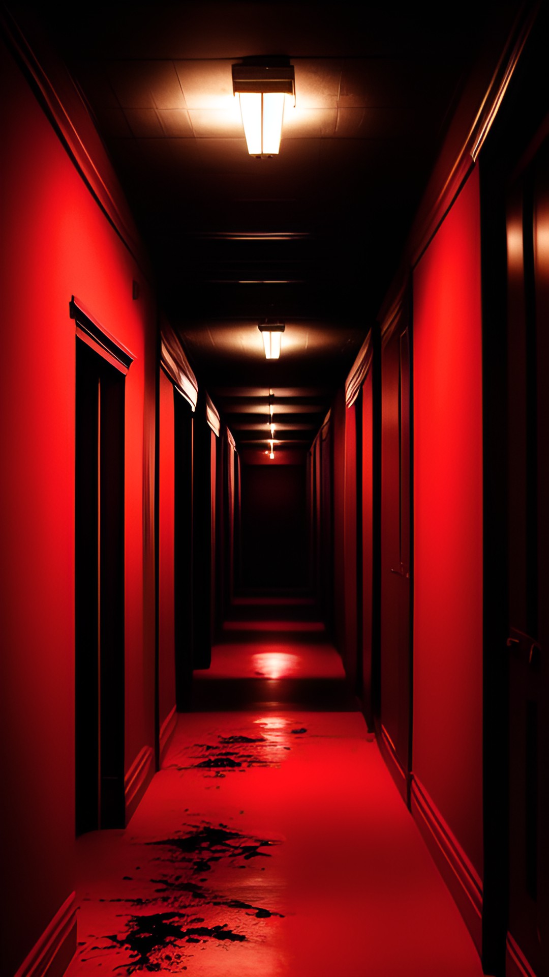 dark corridor with blood - a dimly lit corridor with crimson-splattered walls and eerie shadows lurking in the corners, the only source of light coming from flickering candles mounted on black wrought preview