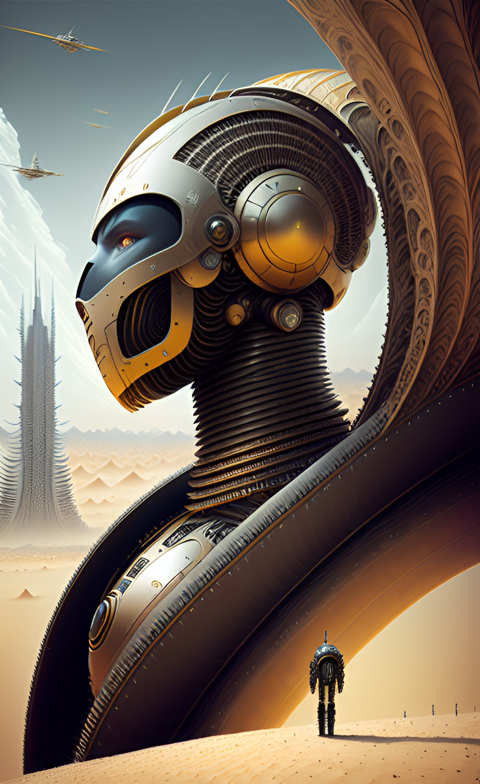 panorama, view from low angle, portrait, digital art, android, humanoid being, artwork by h.r.giger & peter gric & didier laurence & jean-baptiste monge, cinematic, dinamic composition $signature, wat preview