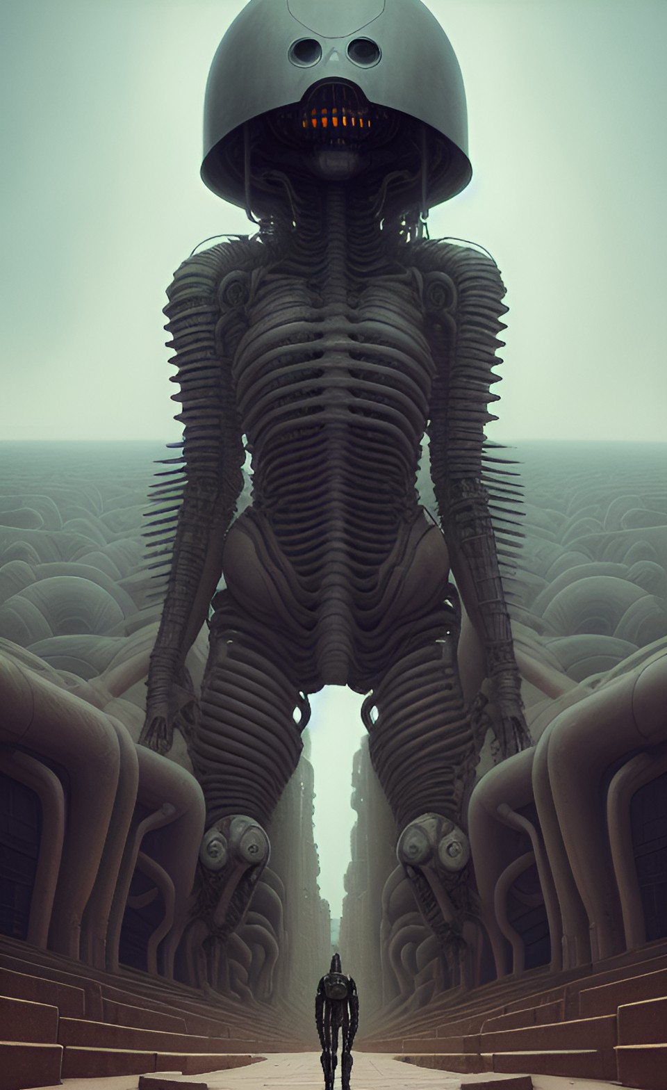 panorama, view from low angle, portrait, digital art, android, humanoid being, artwork by h.r.giger & peter gric & didier laurence & jean-baptiste monge, dinamic composition $signature, watermark $ preview