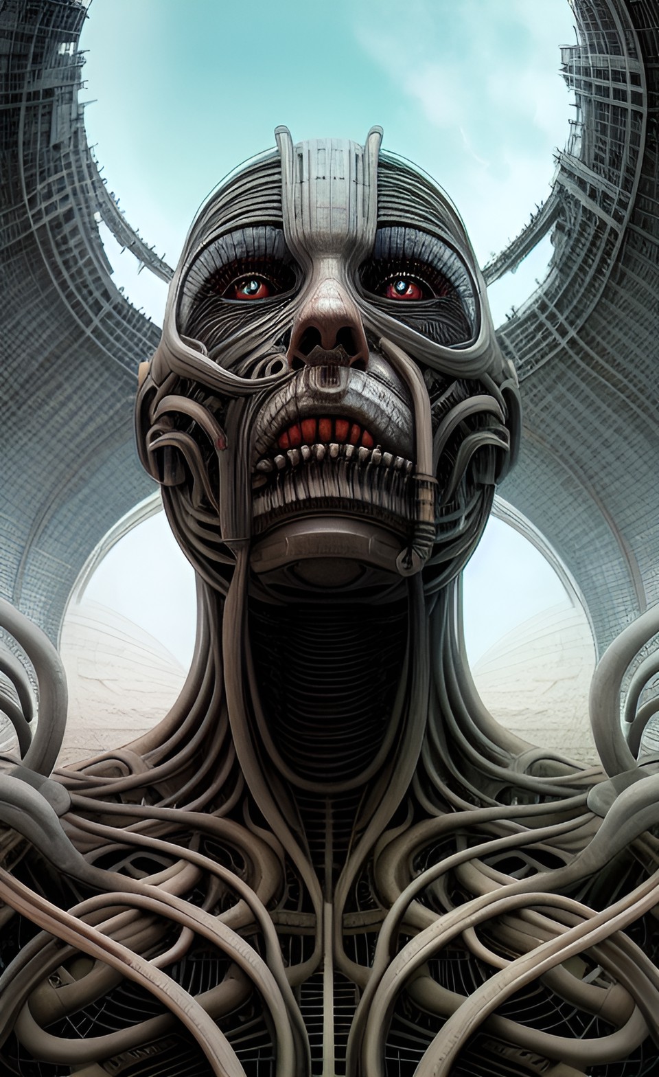 panorama, view from low angle, portrait, digital art, android, humanoid being, artwork by h.r.giger & peter gric & didier laurence & jean-baptiste monge, dinamic composition $signature, watermark $ preview