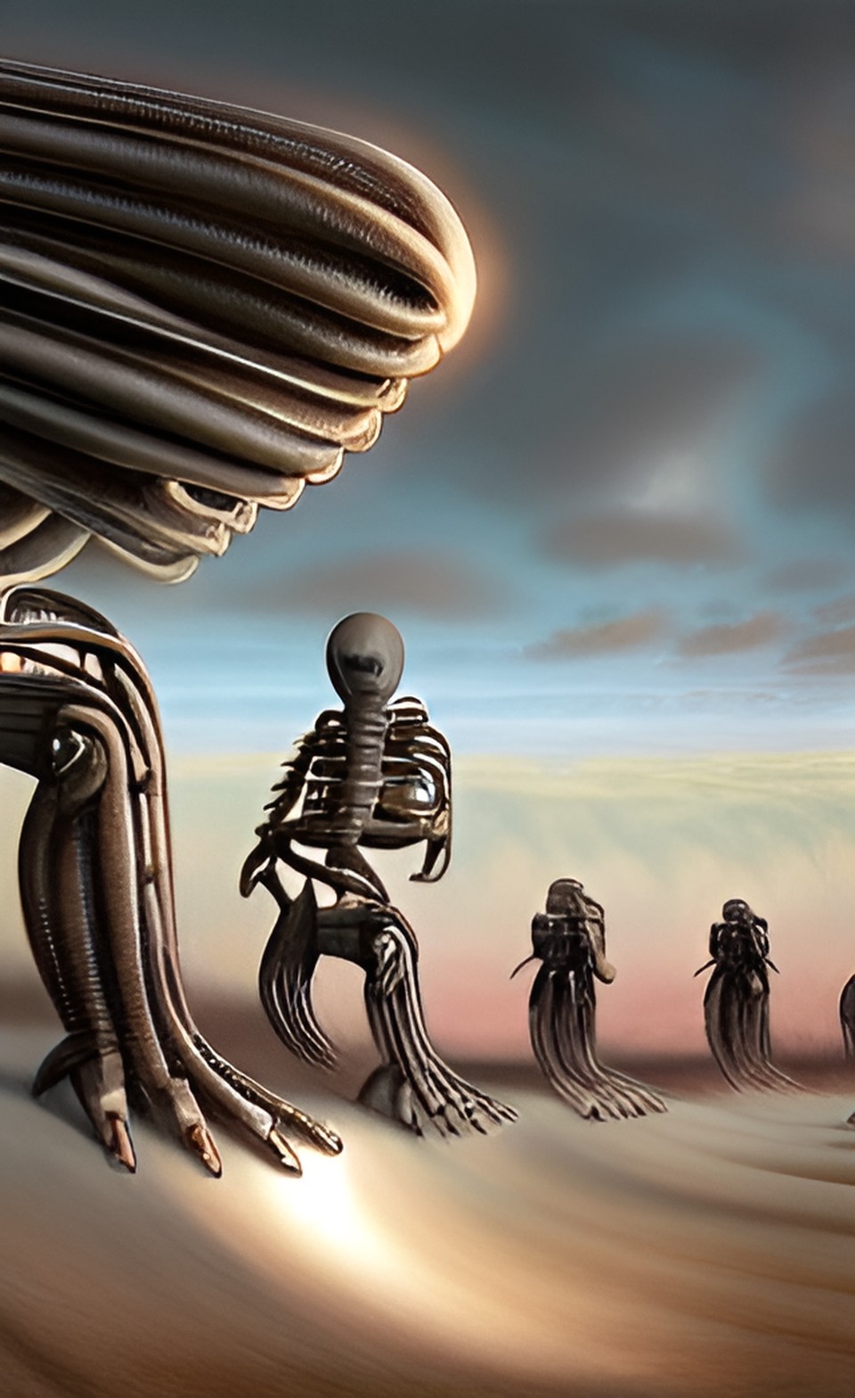 panorama, view from low angle, portrait, digital art, android, humanoid being, artwork by h.r.giger & peter gric & didier laurence & jean-baptiste monge, dinamic composition $signature, watermark $ preview