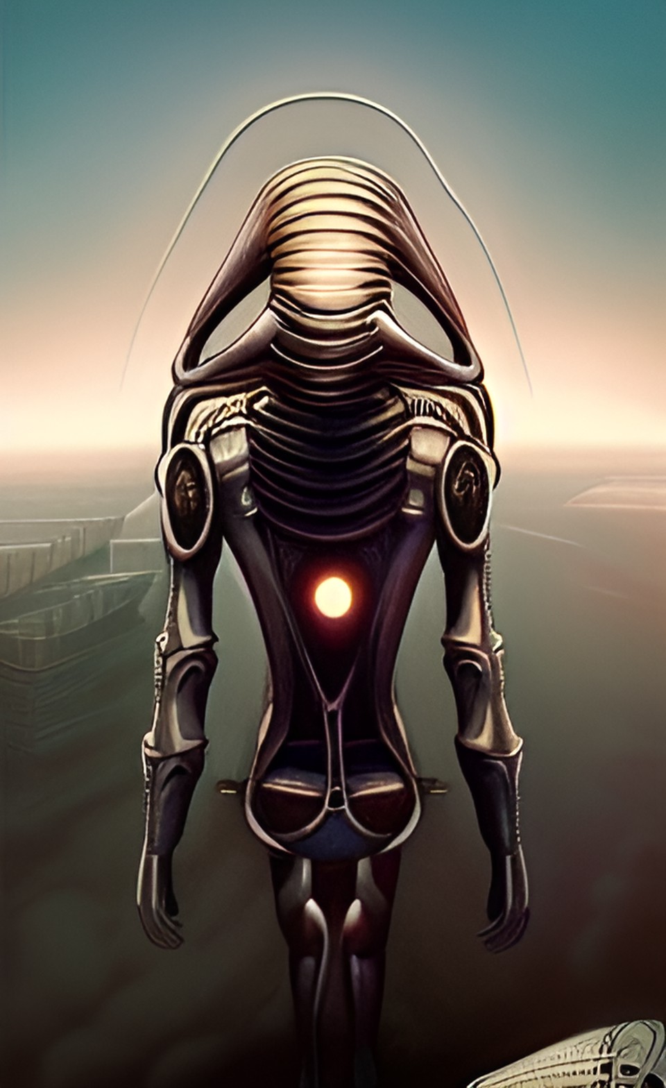 panorama, view from low angle, portrait, digital art, android, humanoid being, artwork by h.r.giger & peter gric & didier laurence & jean-baptiste monge, dinamic composition $signature, watermark $ preview