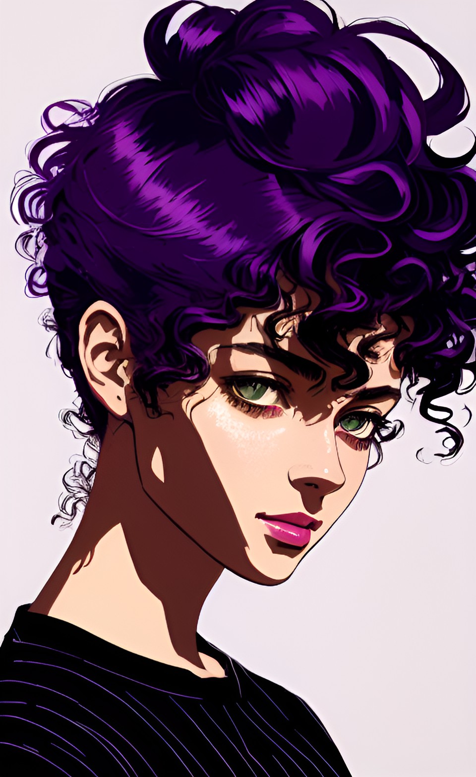 purple green black gold, hazel eyes, black curly hair in ponytail purple strands, pale skin preview