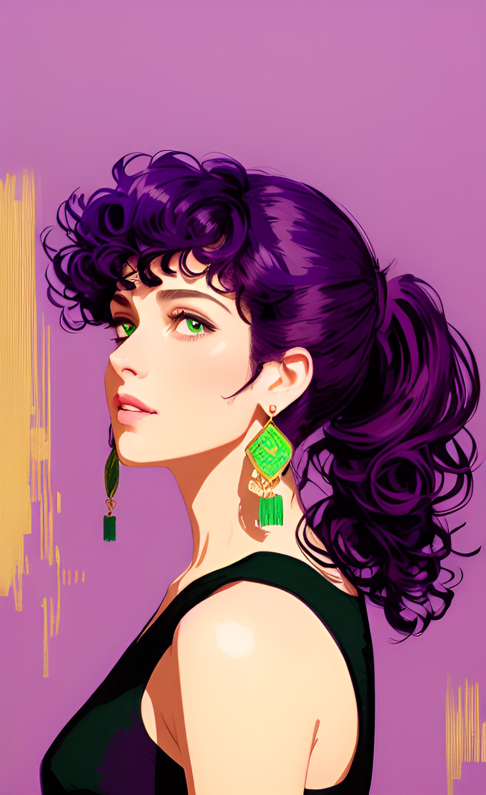 hazel eyes, black long curly hair in ponytail purple strands, pale skin, golden earrings, green details, pink details, purple clothes preview