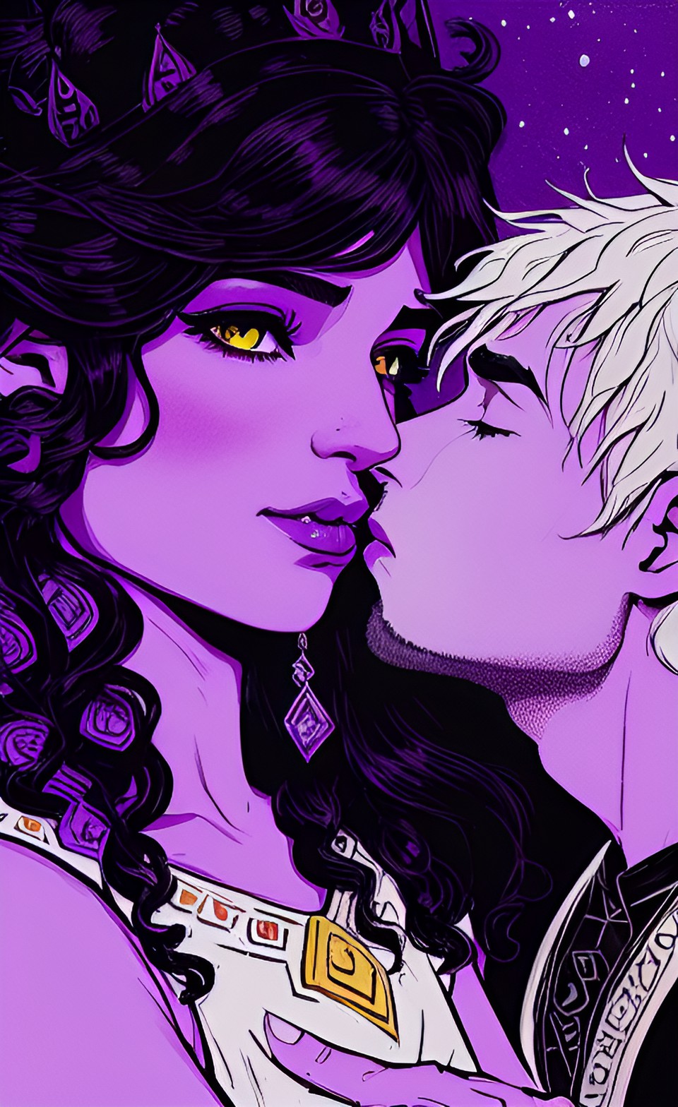 an orc prince with curly black hair is kissing an elf princess with purple skin and white hair on the lips preview