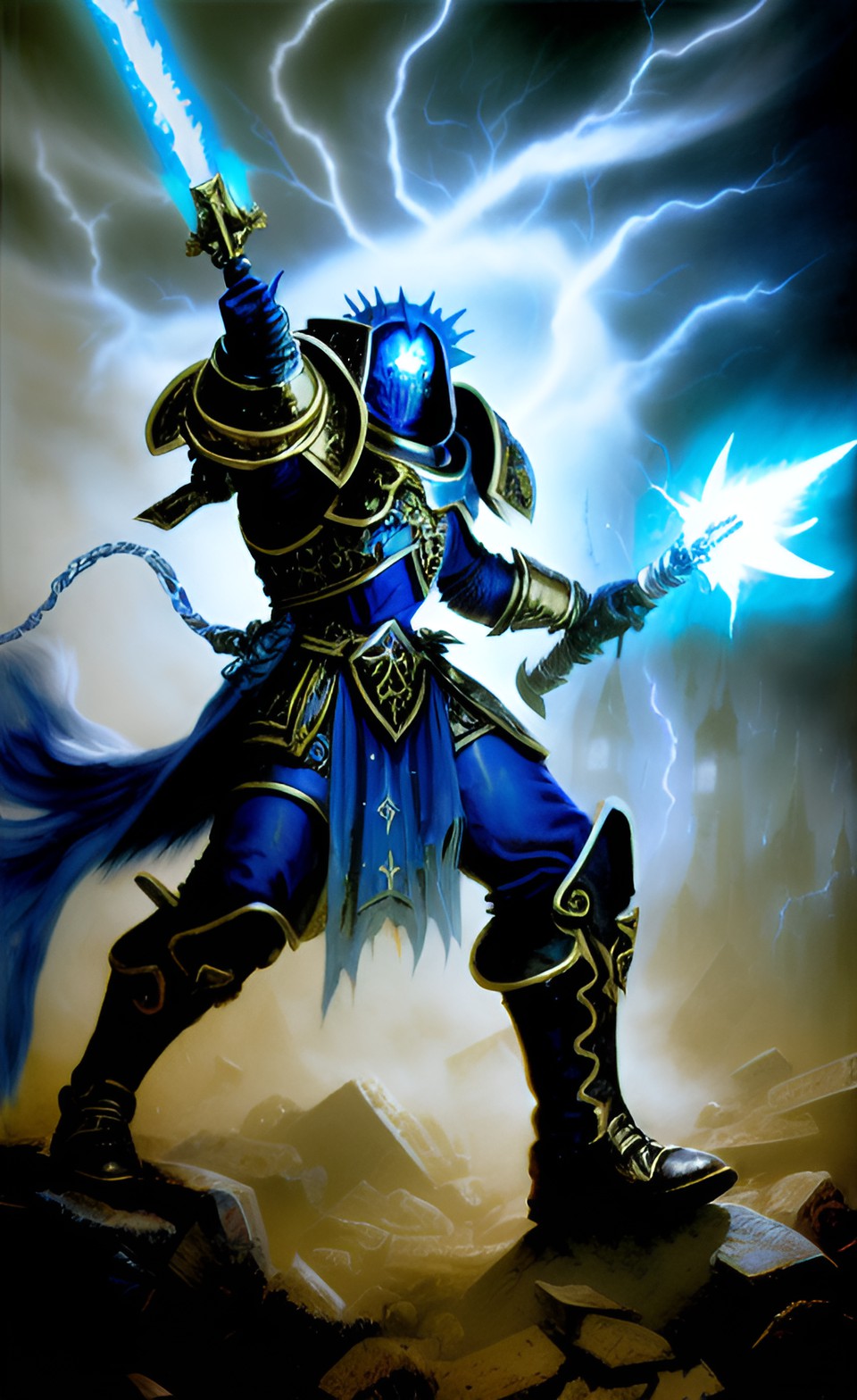 Champion of Tzeentch - warhammer 40k tzeentch chaos marine in blue and white ancient armor holding scroll and shooting lightning from staff, in decaying ancient tomb with spectral blue light preview