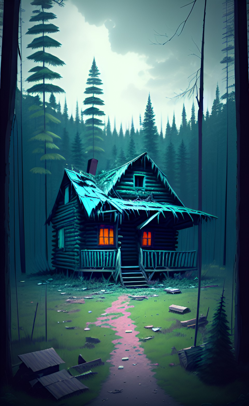 Don’t Go In There - a decrepit cabin in a haunted forest, its roof caved in, walls rotting away. ghostly figures seen through broken windows, chilling screams heard at night. preview