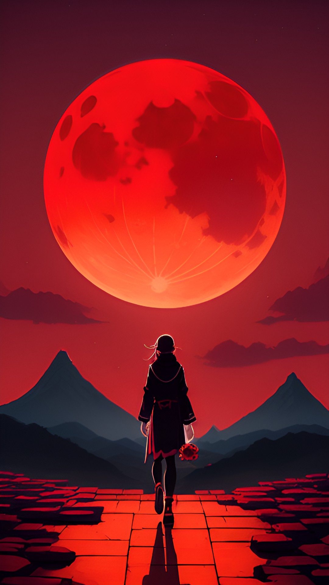 The Betrayal - woman holding a rose with thorns drawing blood. kanji written in blood. ancient temple with blood moon setting behind mountains. elegant betrayal. preview