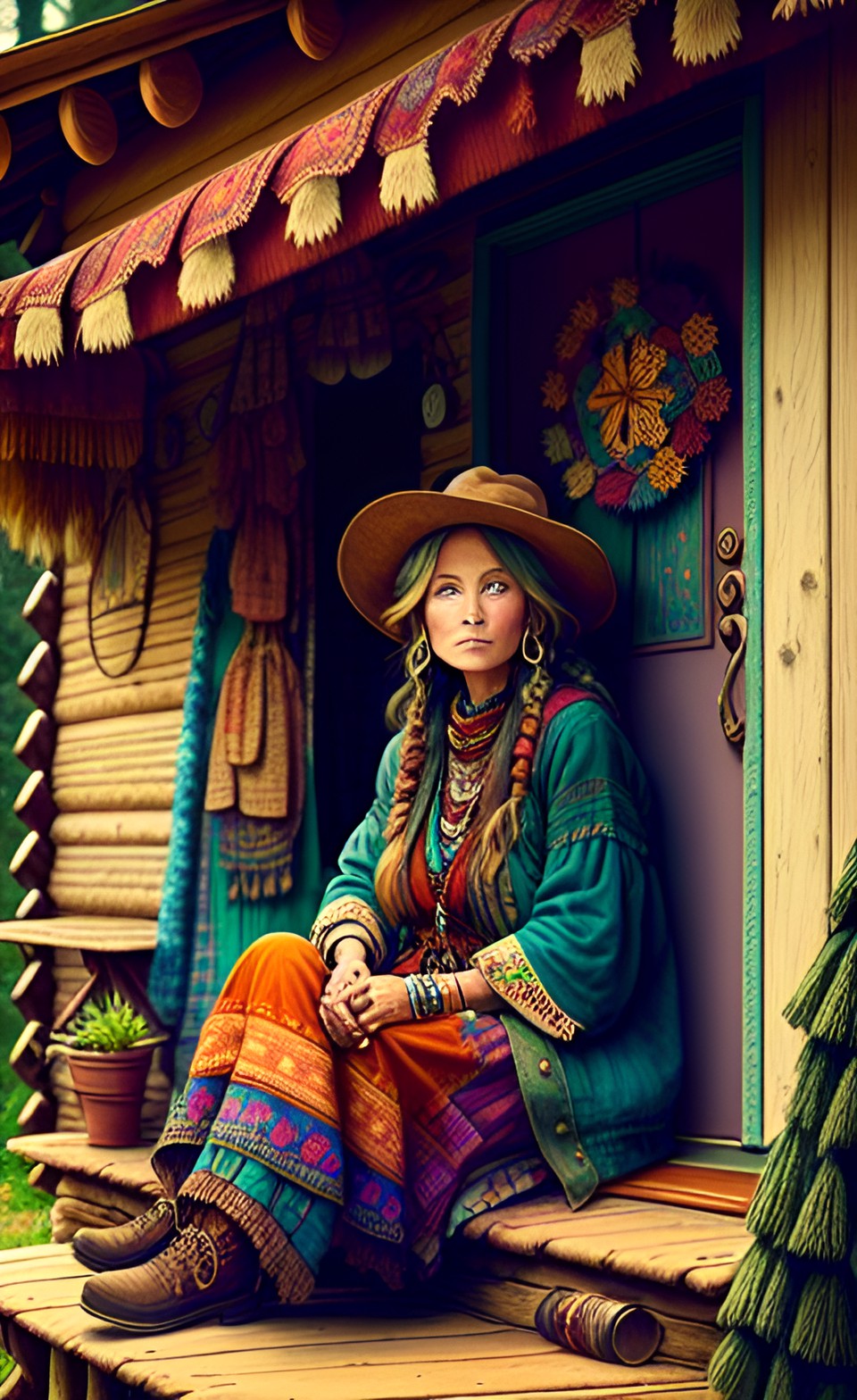 boho meets hobo, happy-go-lucky woman sitting on the porch of a cabin in the woods preview