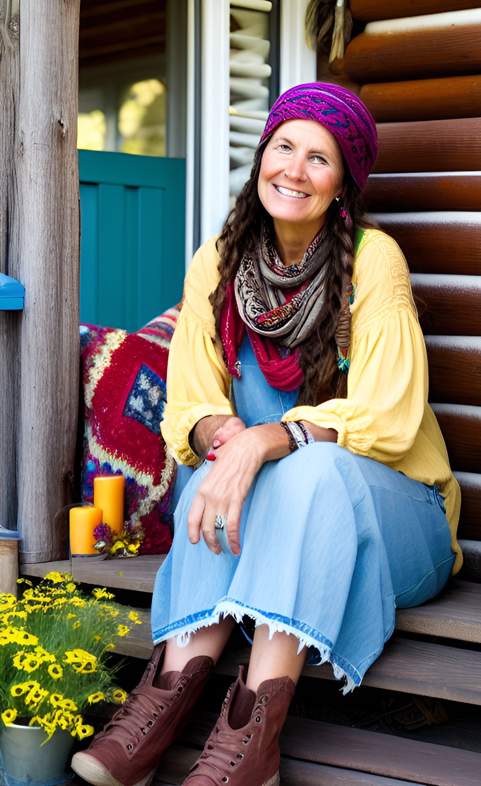 boho meets hobo, happy-go-lucky woman sitting on the porch of a cabin in the woods preview