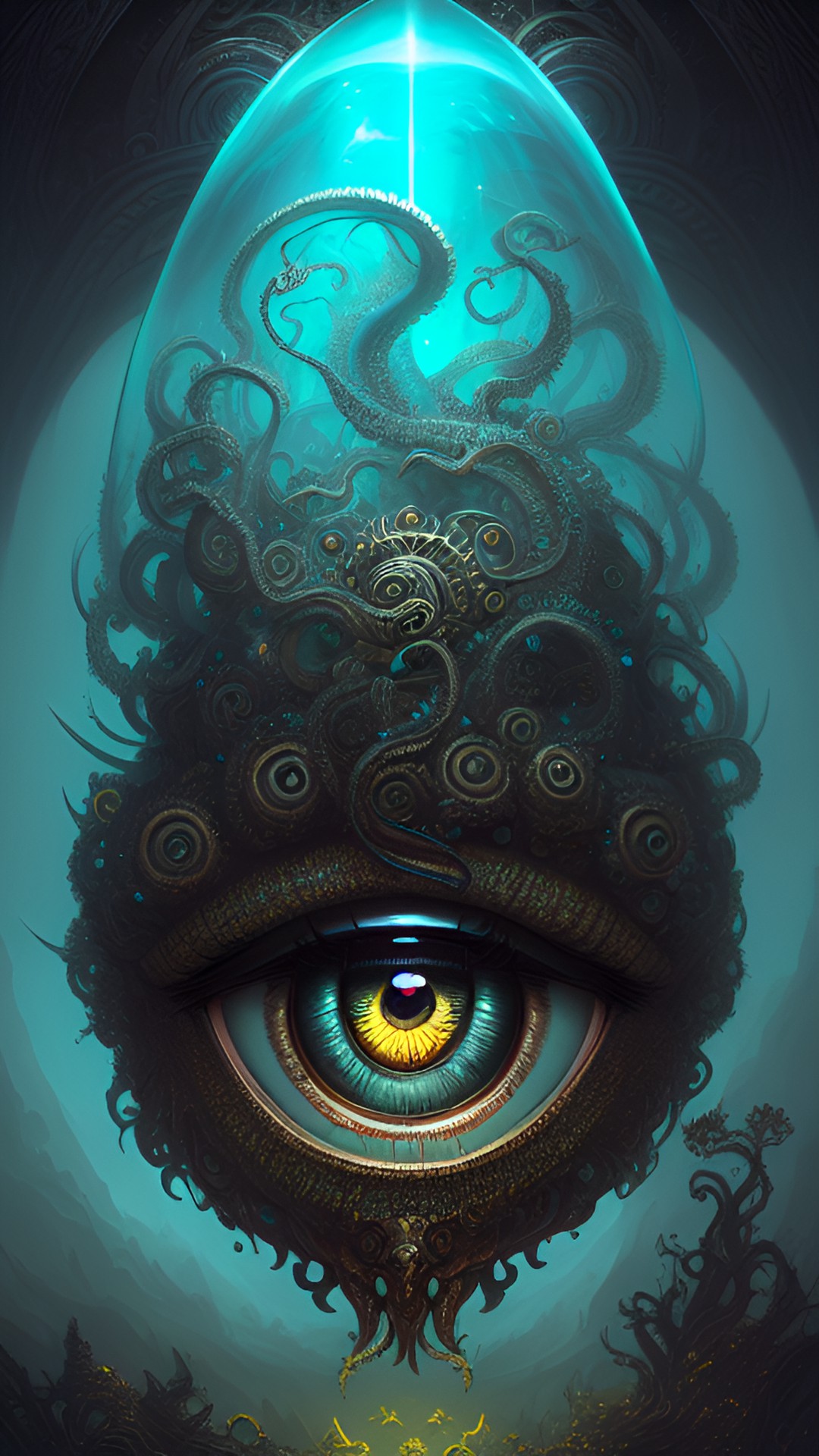 a intricate stunning highly detailed eye by greg rutkowski, vladimir kush, peter mohrbacher, detailed tenticles, cthulhu, detailed ink, translucent, bioluminescent, 8k portrait render, deep ocean ,ethereal, artstation, ultra realistic, cinematic lighting preview