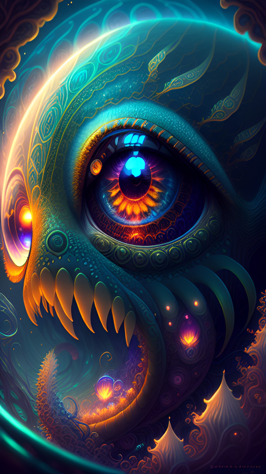 a intricate stunning highly detailed eye by greg rutkowski, vladimir kush, peter mohrbacher, detailed tenticles, cthulhu, detailed ink, translucent, bioluminescent, 8k portrait render, deep ocean ,ethereal, artstation, ultra realistic, cinematic lighting preview