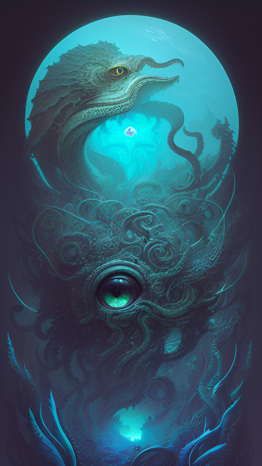 a intricate stunning highly detailed eye by greg rutkowski, vladimir kush, peter mohrbacher, detailed tenticles, cthulhu, detailed ink, translucent, bioluminescent, 8k portrait render, deep ocean ,ethereal, artstation, ultra realistic, cinematic lighting preview