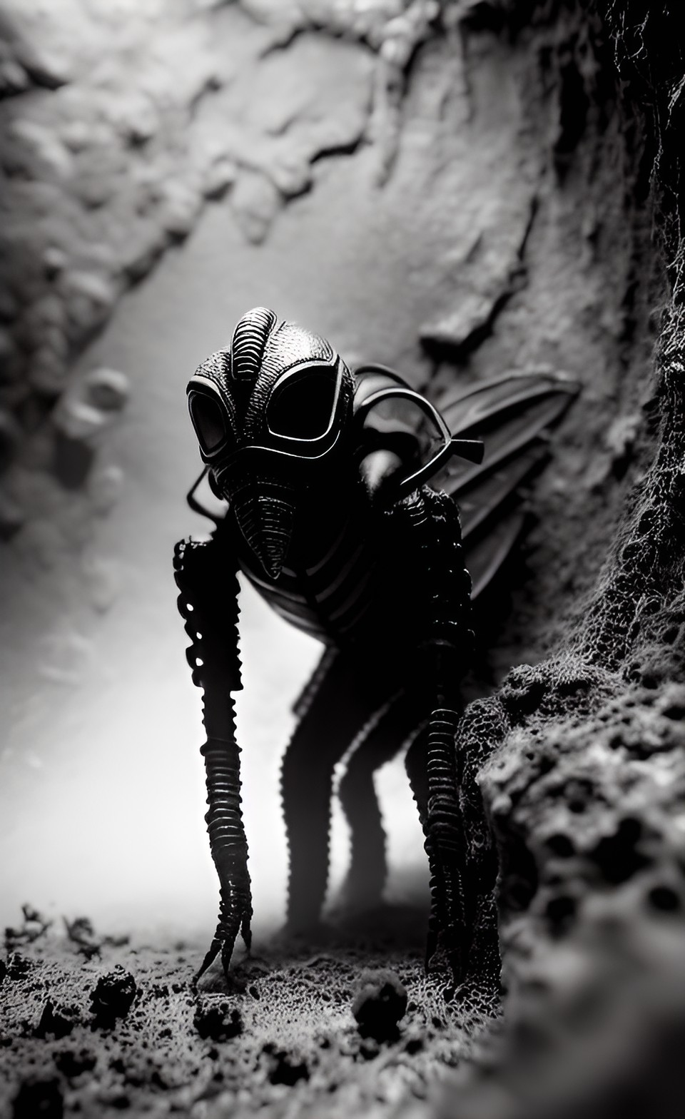 insectoid roaming. creepy, unsettling. style: abstract ooze, noir 1940 film, gritty, black and white. visual grain, volumetric shadows, light and dirt. setting: burrow tunnel, wood roots on walls preview