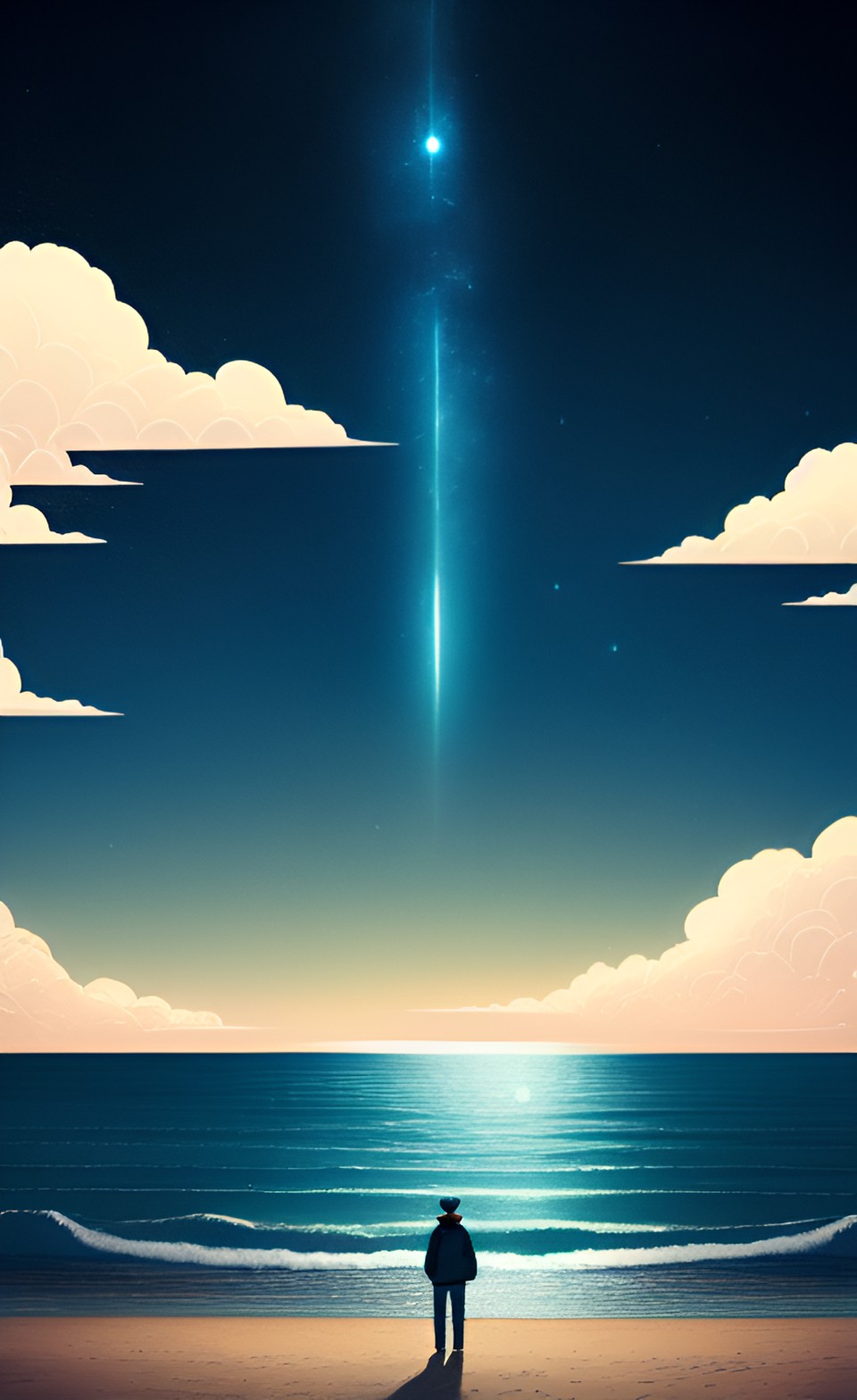 a person standing on a beach, looking out at the vast expanse of the ocean under a starry sky. preview