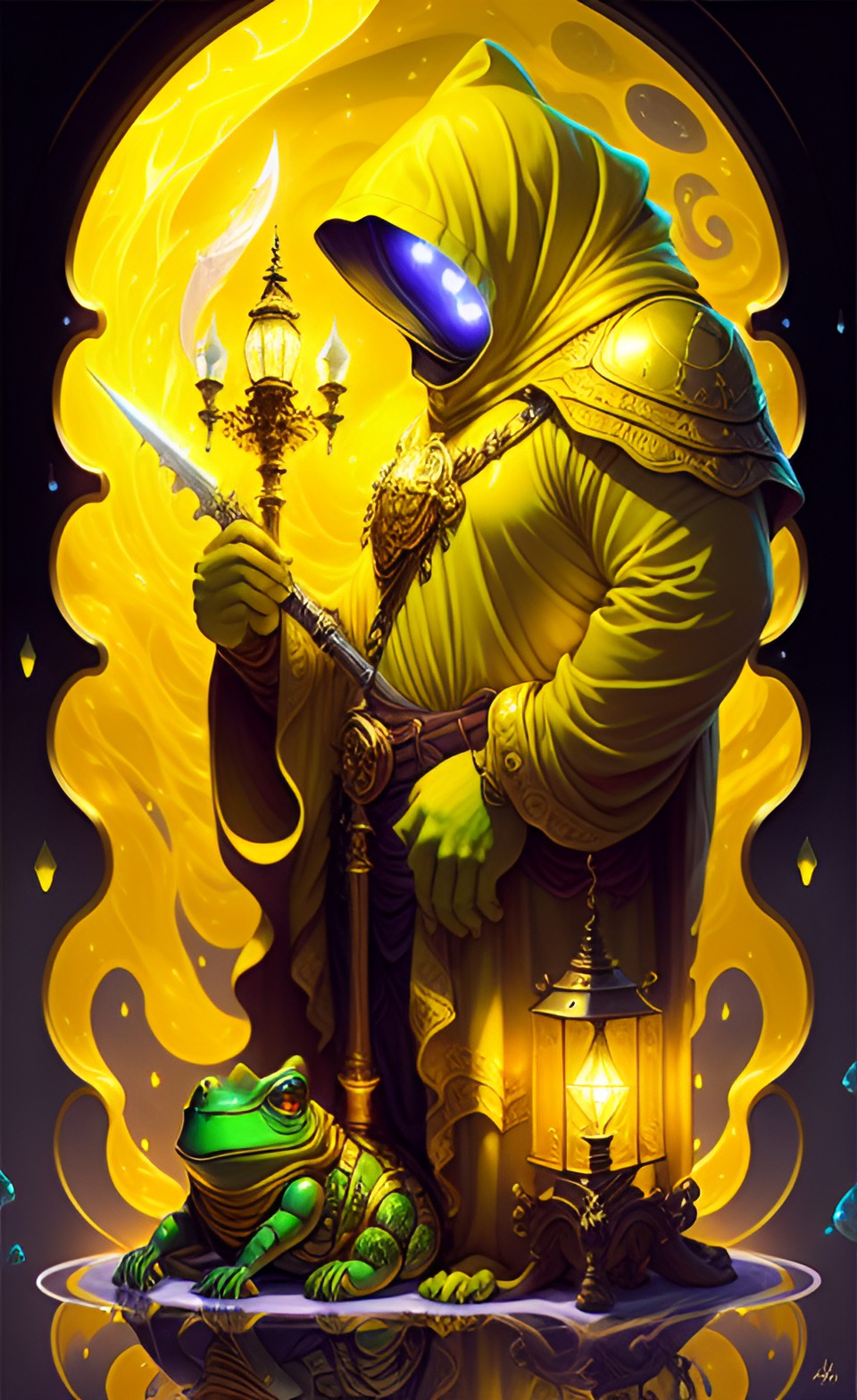 a human frog is welding a light sword and wearing a yellow cloak preview