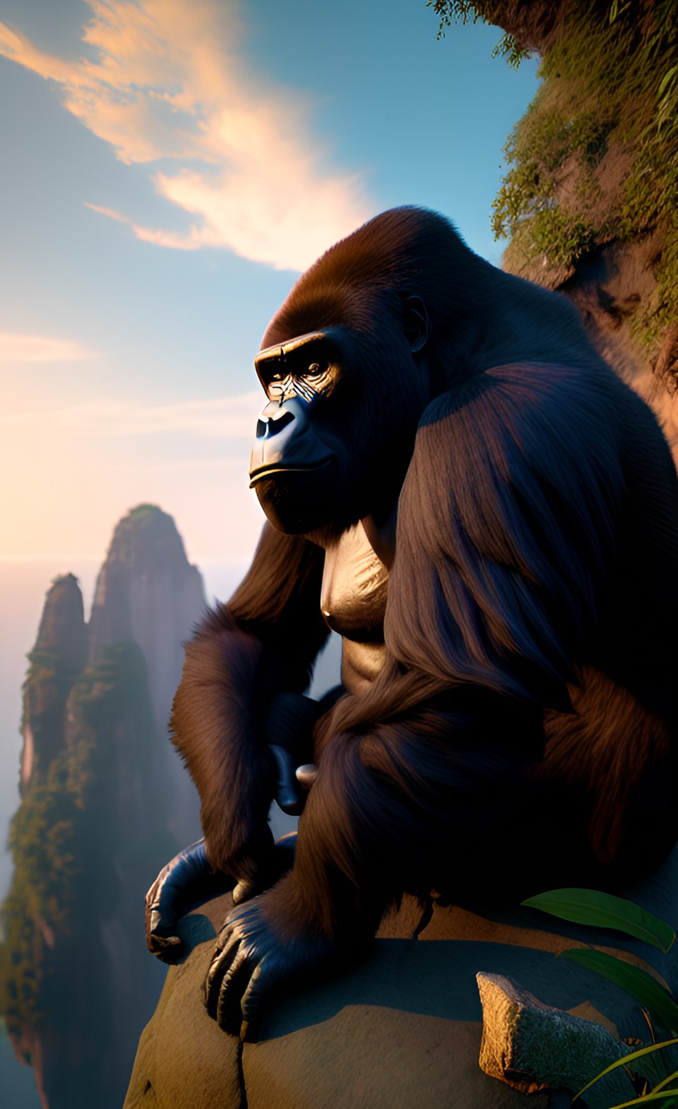 gorilla staring at sunrise by cliffside preview