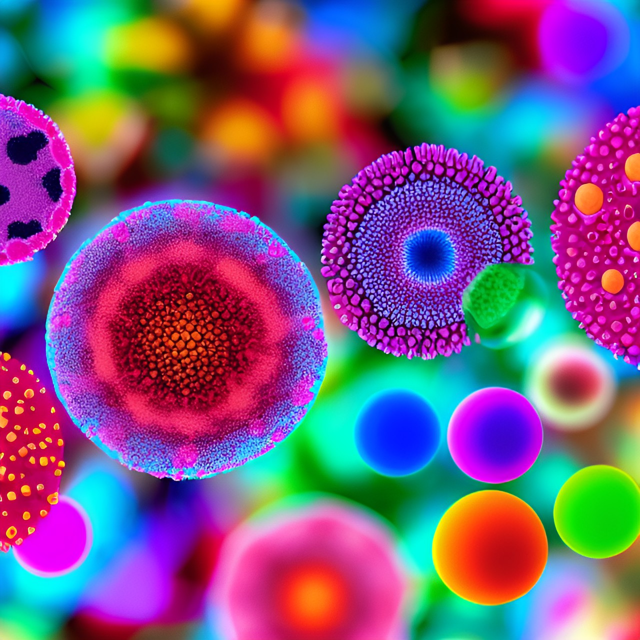 biology cells  - biology cells, shown in microscopic detail. some are round, others elongated, with various structures visible within. the colors range from bright pinks and greens to muted purples preview