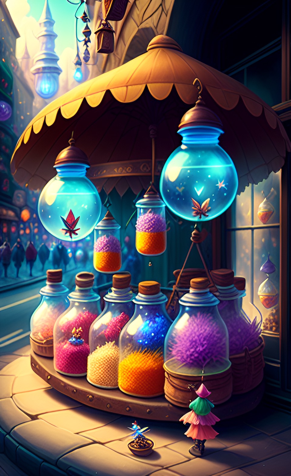 street vendor selling fairies, pixies, and magical wisps in jars preview