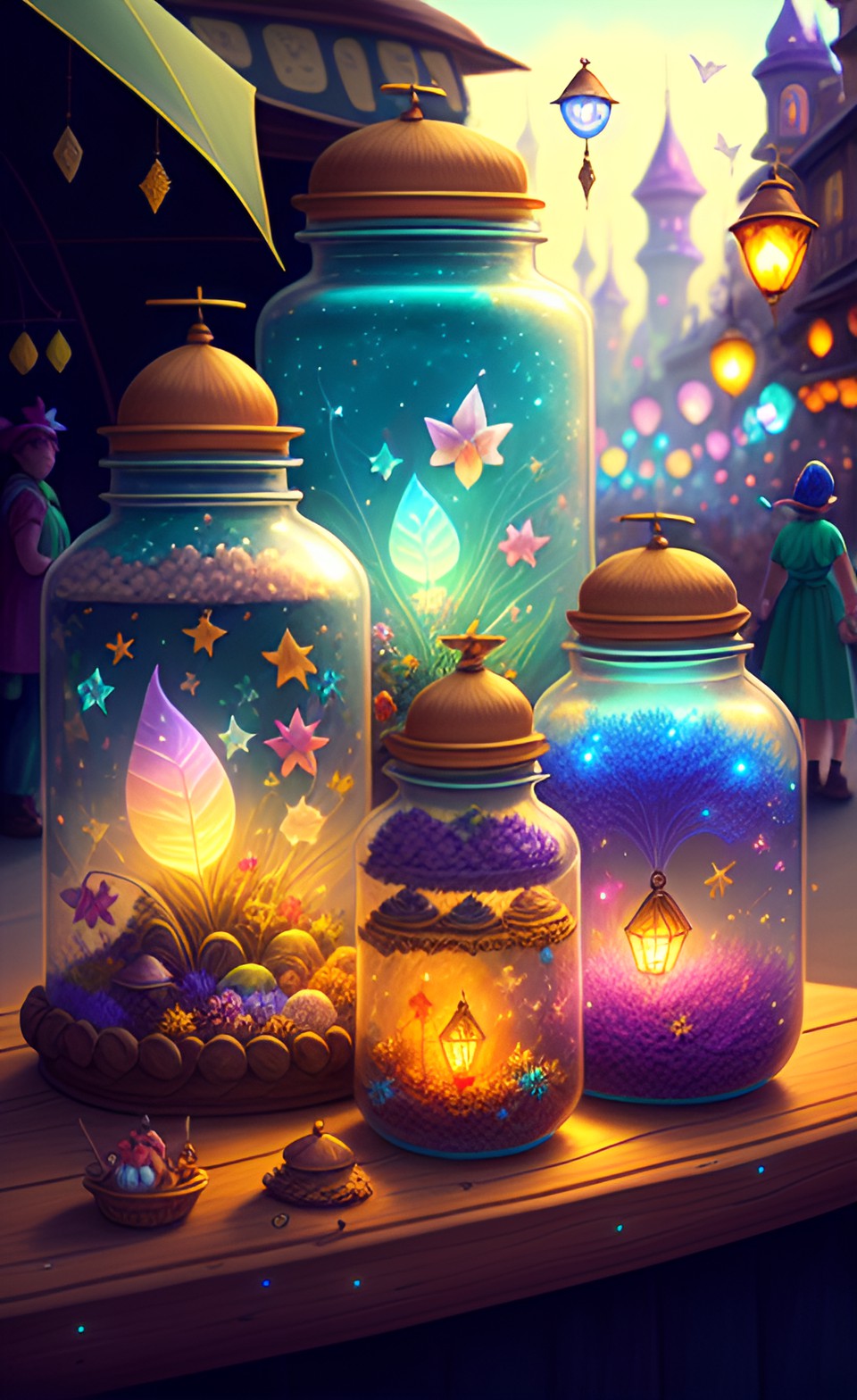 street vendor selling fairies, pixies, and magical wisps in jars preview