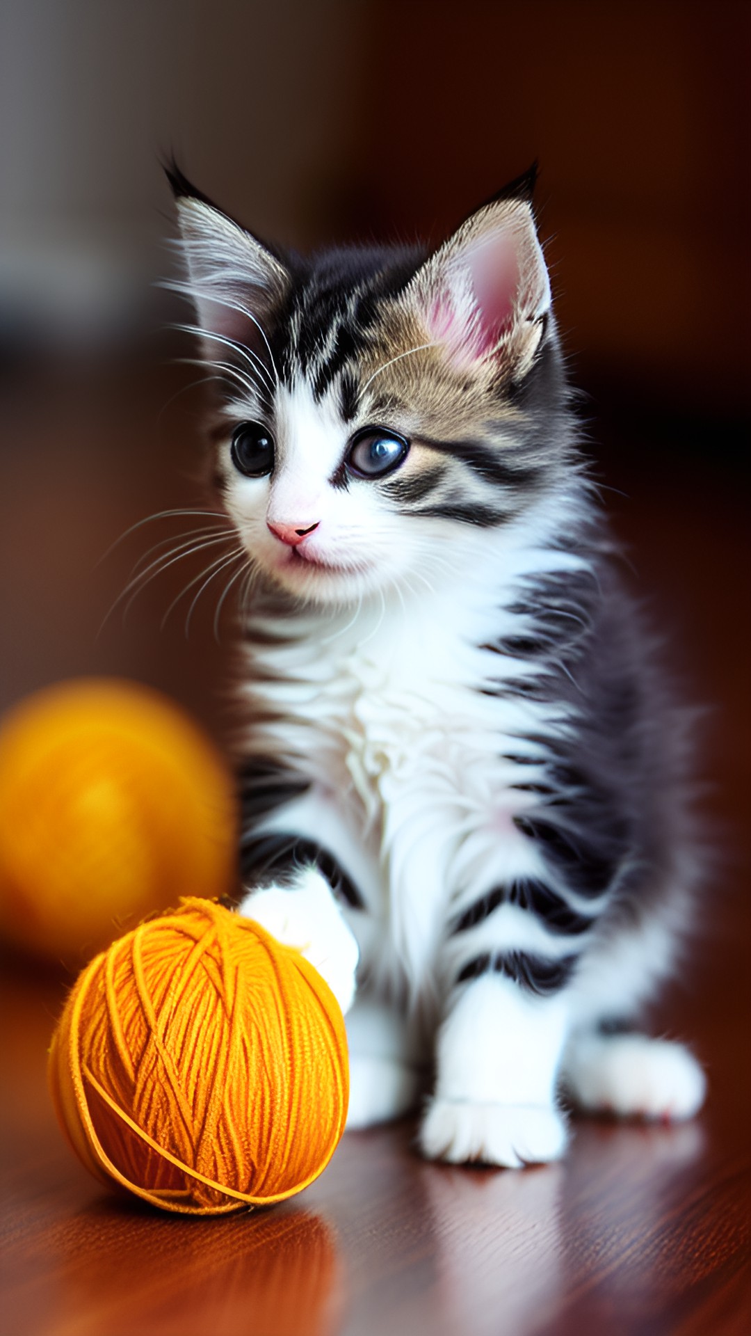 cute fluffy kitten playing with ball of yarn preview