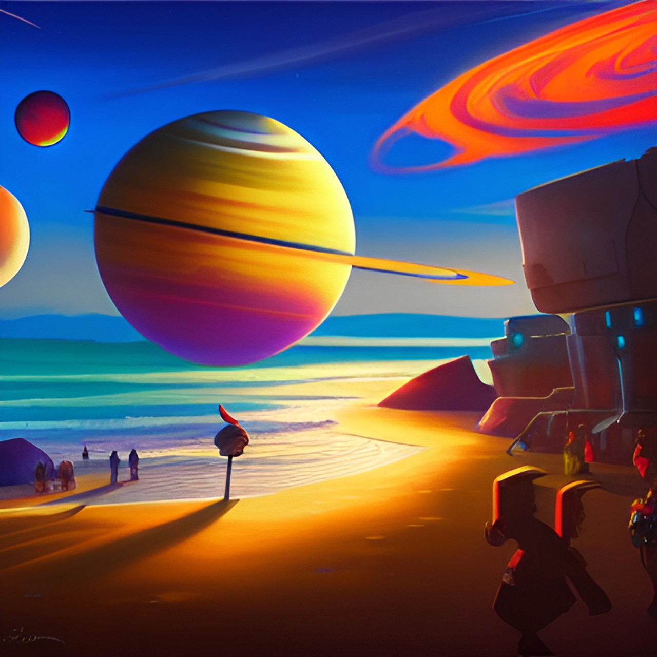 a beach with a sunset and planets in the sky preview