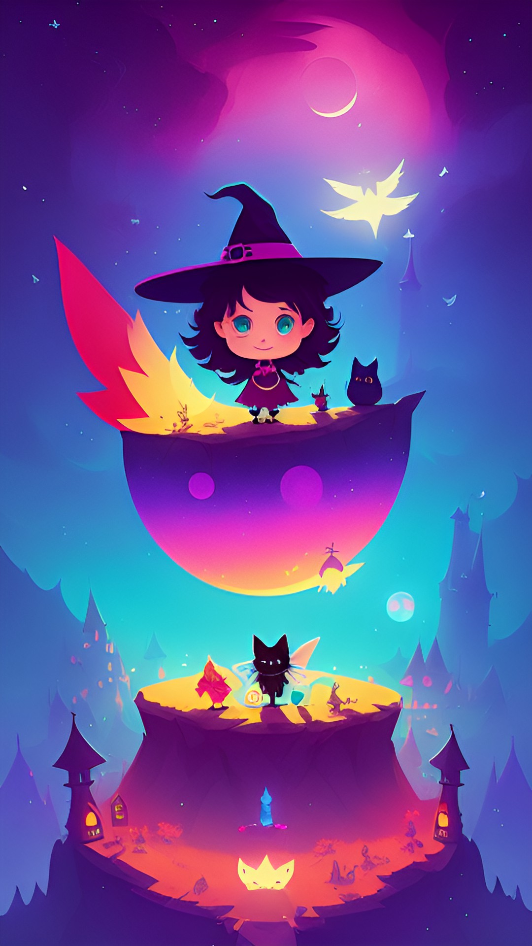 cute small witch adorable surrounded by fairies and cat preview