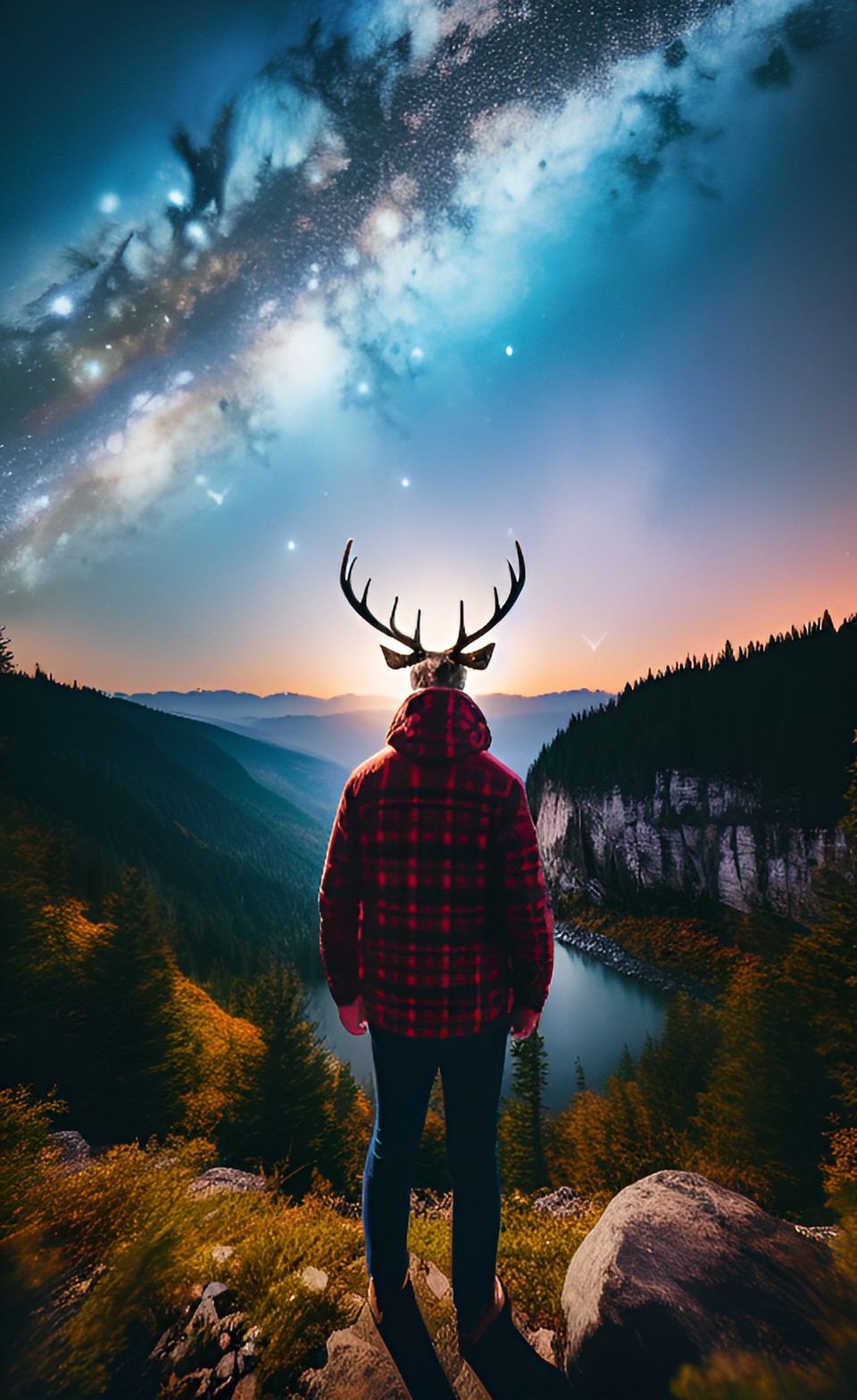 a man with antlers and butterfly wings perched on his back stands on a mountaintop, watching a river of stars flow past him in the sky. preview