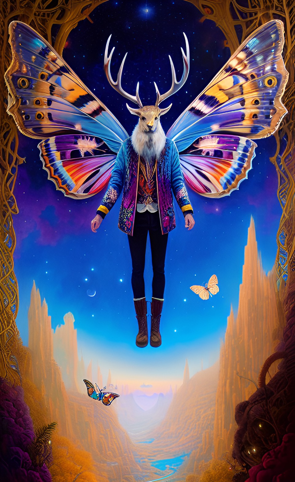 a man with antlers and butterfly wings perched on his back stands on a mountaintop, watching a river of stars flow past him in the sky. preview