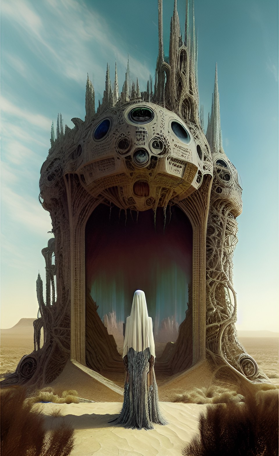 panorama, desert oasis, alien, artwork by h.r. giger & peter gric &roger dean & jean -baptiste monge & bernard frize, adorned pearls and jewels, cinematic composition $signature, watermark$ preview