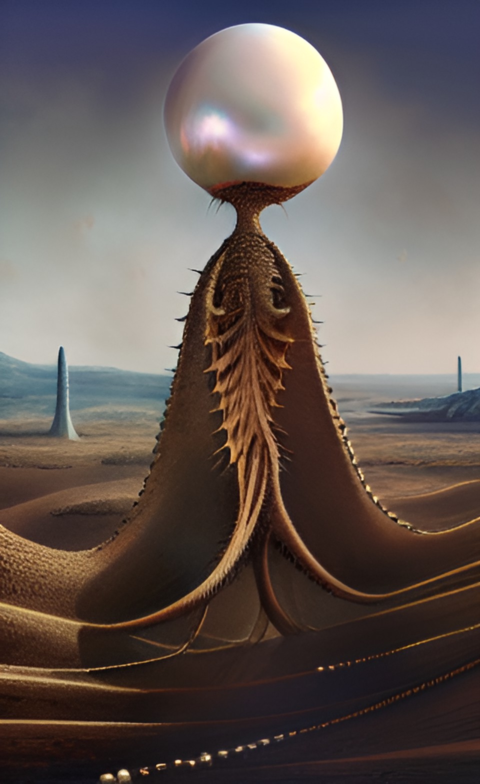 panorama, desert oasis, oniric alien, artwork by h.r. giger & peter gric &roger dean & jean -baptiste monge & bernard frize, adorned pearls and jewels, cinematic composition $signature, watermark$ preview