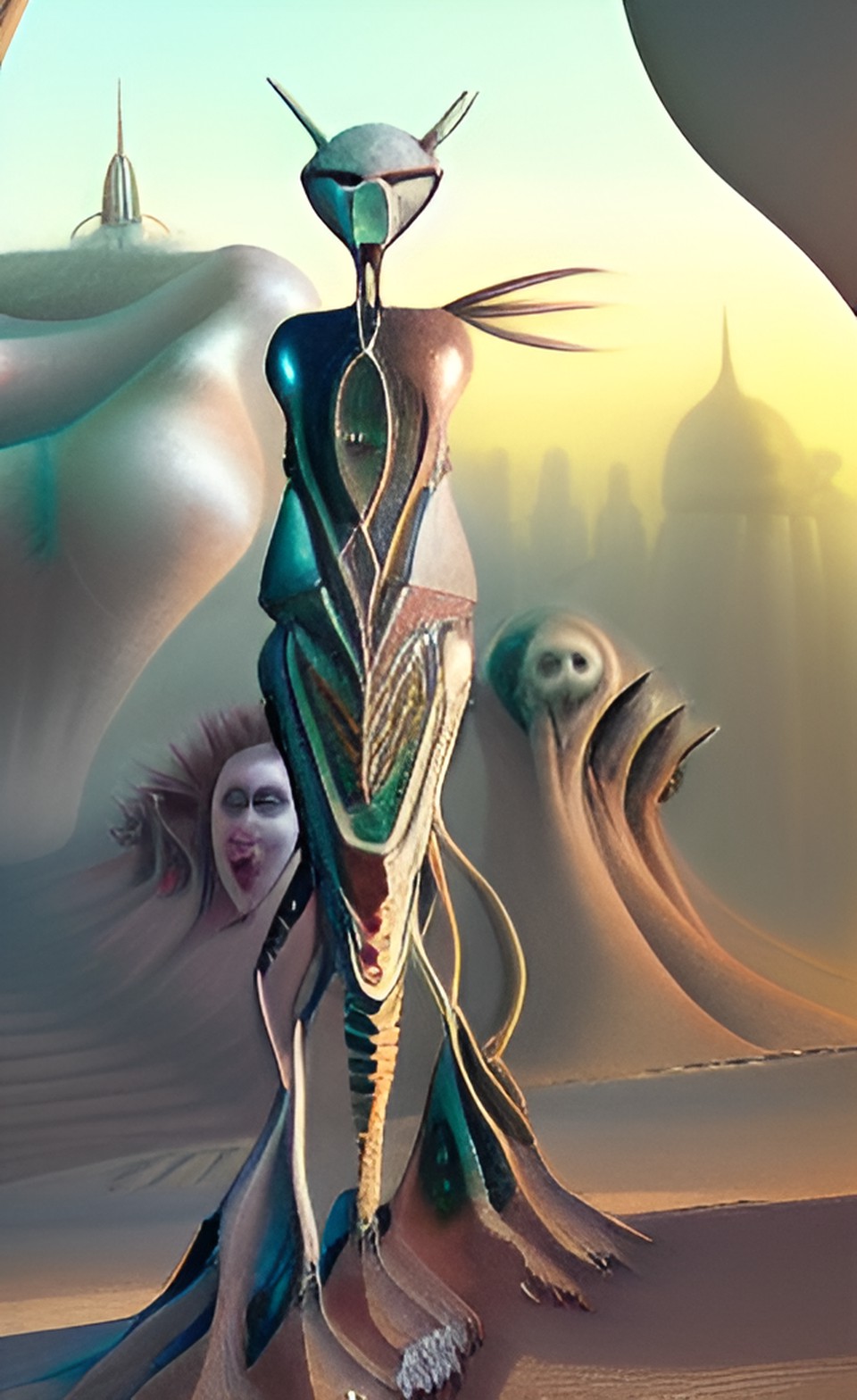 panorama, desert oasis, oniric alien, artwork by h.r. giger & peter gric &roger dean & jean -baptiste monge & bernard frize, adorned pearls and jewels, cinematic composition $signature, watermark$ preview