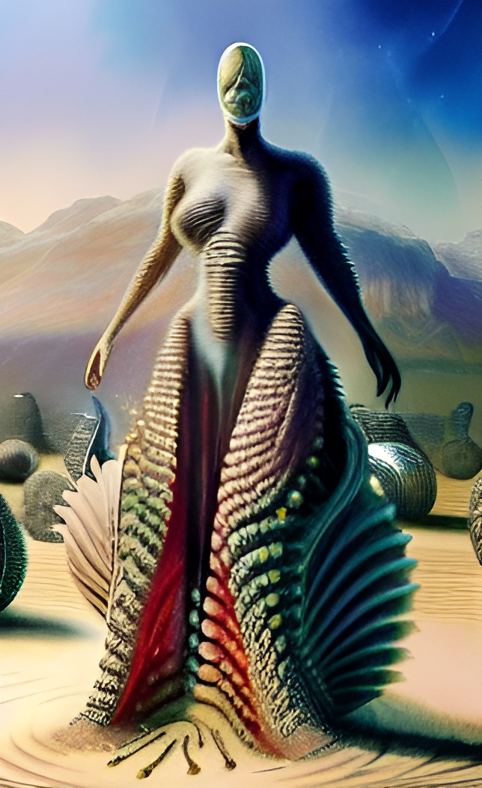 panorama, desert oasis, oniric alien, artwork by h.r. giger & peter gric &roger dean & jean -baptiste monge & bernard frize, adorned pearls and jewels, cinematic composition $signature, watermark$ preview