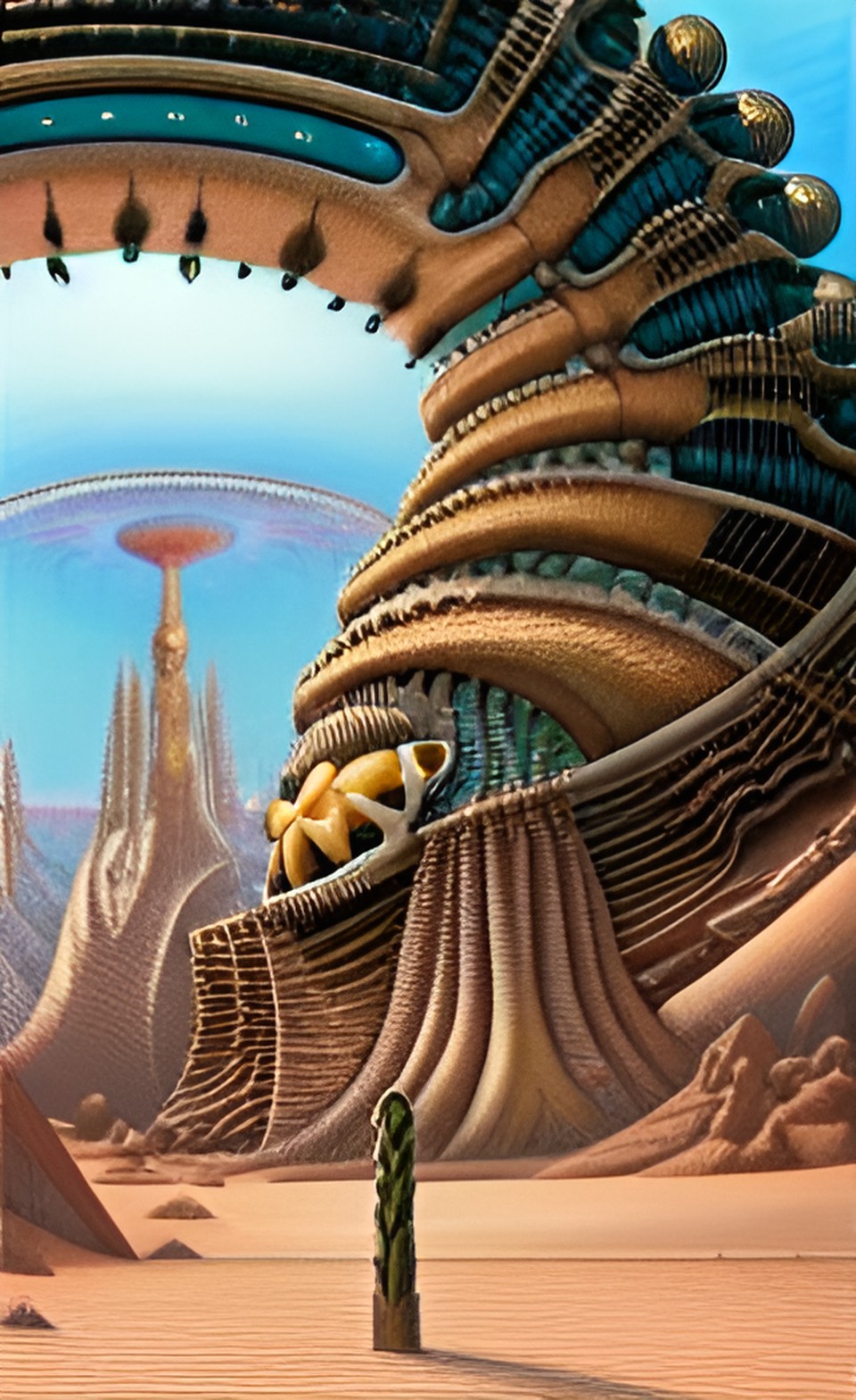 panorama, desert oasis, oniric alien, artwork by h.r. giger & peter gric &roger dean & jean -baptiste monge & bernard frize, adorned pearls and jewels, cinematic composition $signature, watermark$ preview