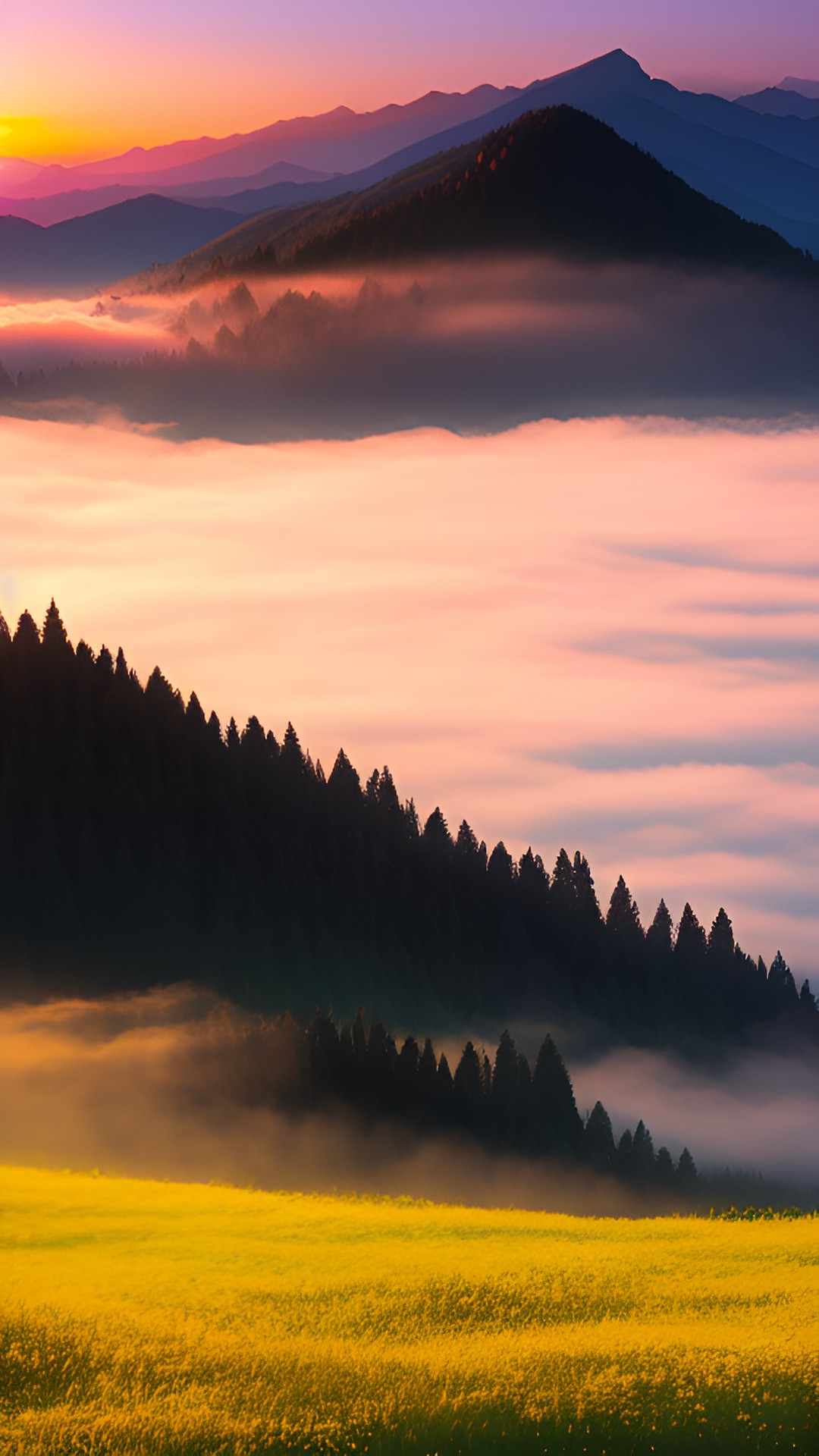 Sometió hoy - un amanecer junto unas montañas con césped amarillento y flores rosas en las puntas y neblina a lo lejos preview