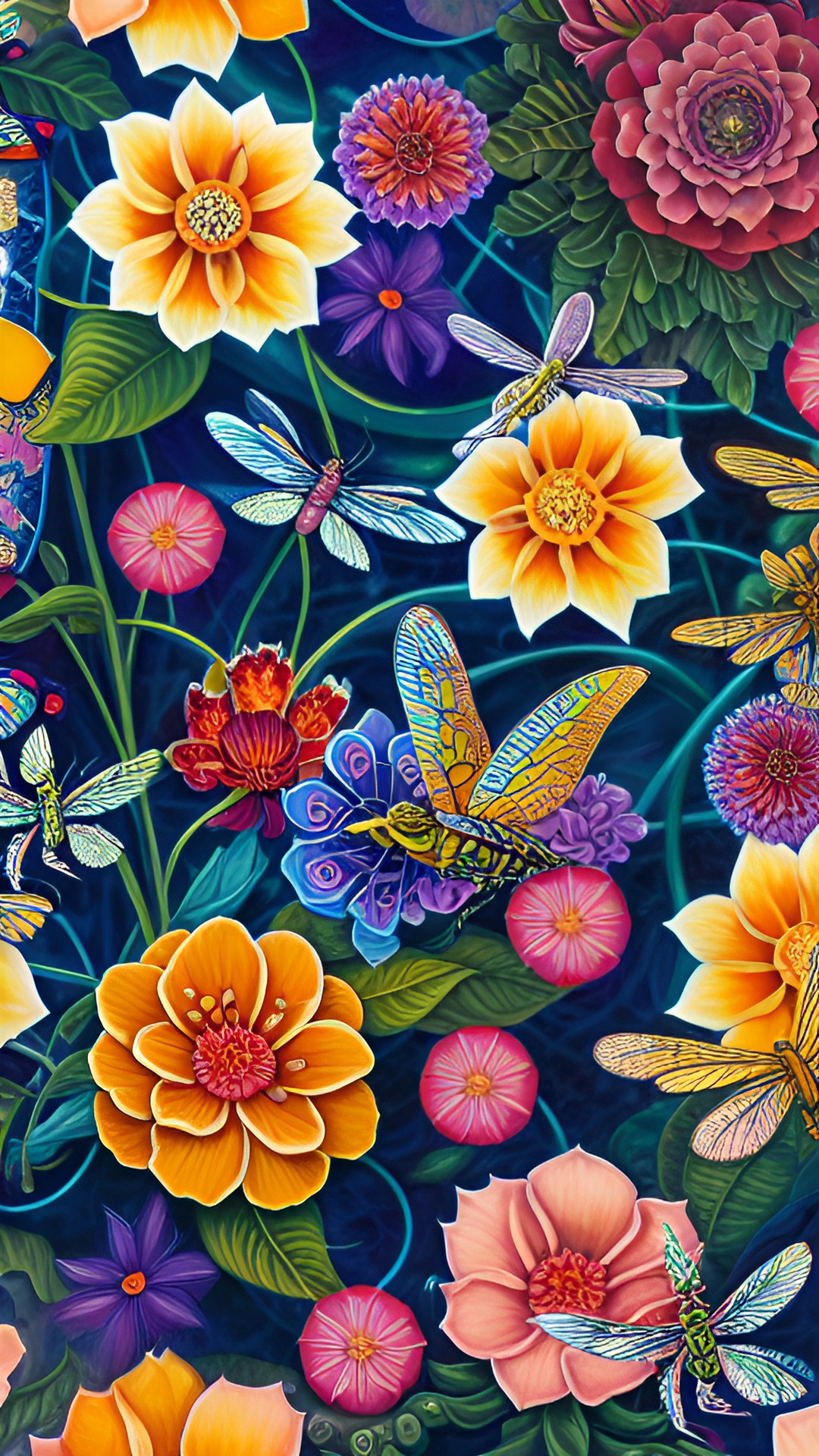 repeating pattern tile of flowers and dragonflies preview