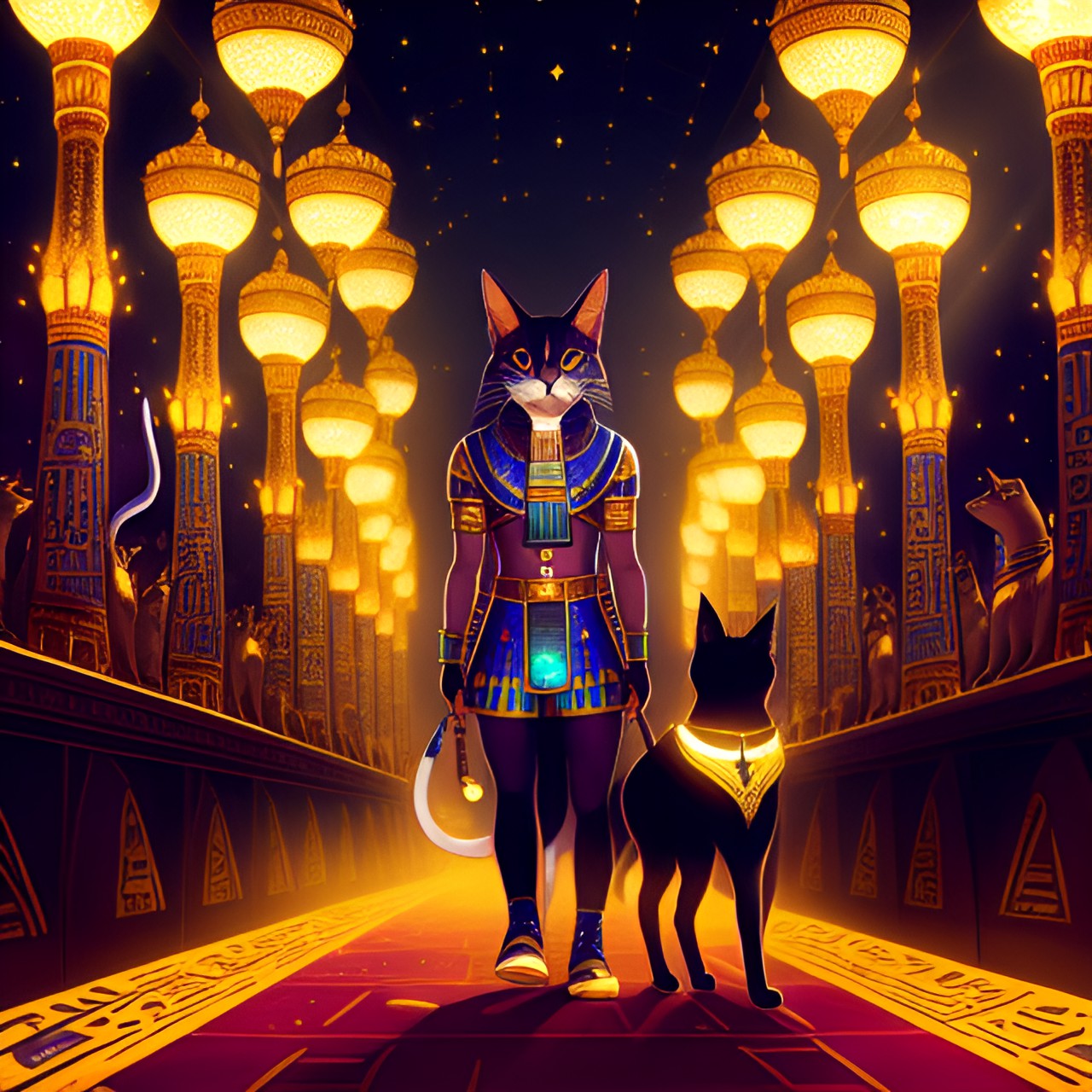 Beginning - a secret egyptian cat from anubis is walking in a sea of lamps preview