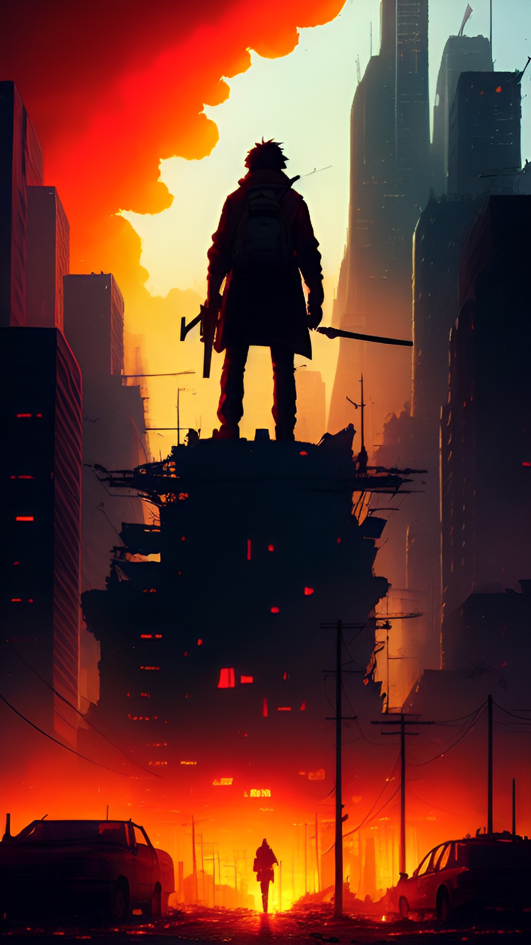 Emerging from Chaos - a post-apocalyptic cityscape with fires raging in the background, debris and rubble scattered throughout the streets, and a lone figure emerging from the chaos, wielding a bloodstained weapon preview