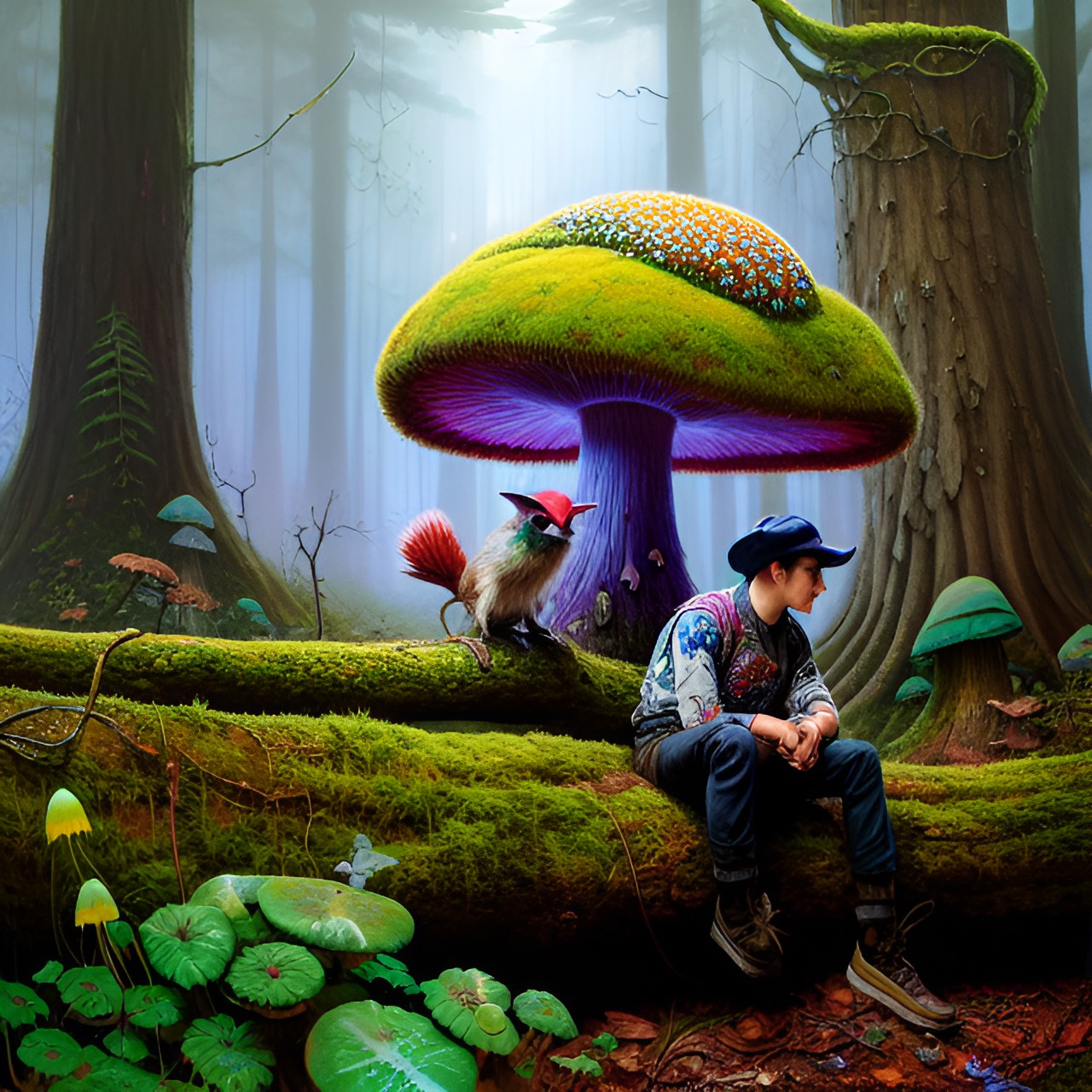 goblin sitting on a moss-covered log in the forest, next to a glowing mushroom preview