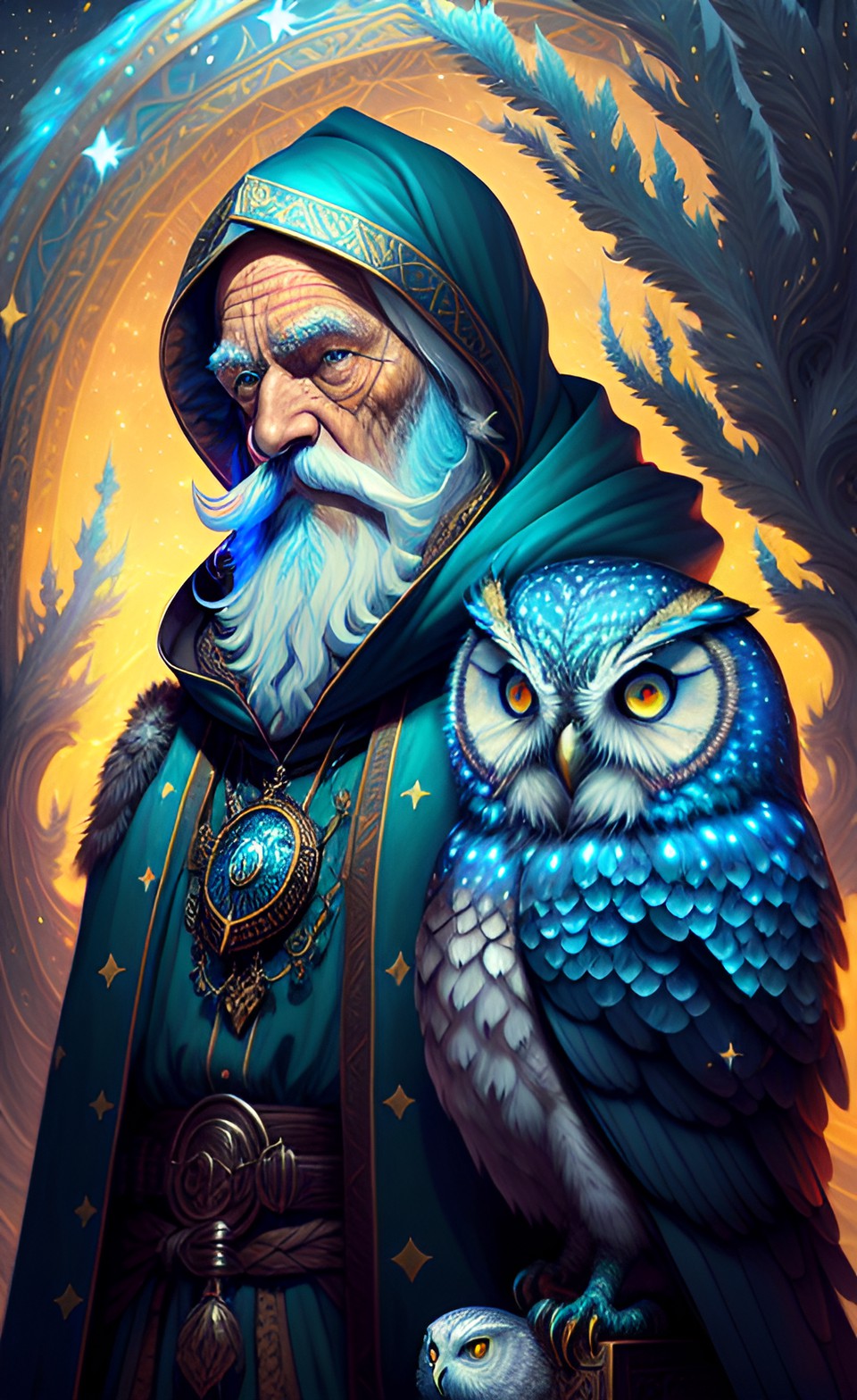 Merlin the Wise - old wizard with a pet owl. he has a long white beard and wears a blue cloak with stars. the owl perches on his shoulder, wise eyes staring. preview