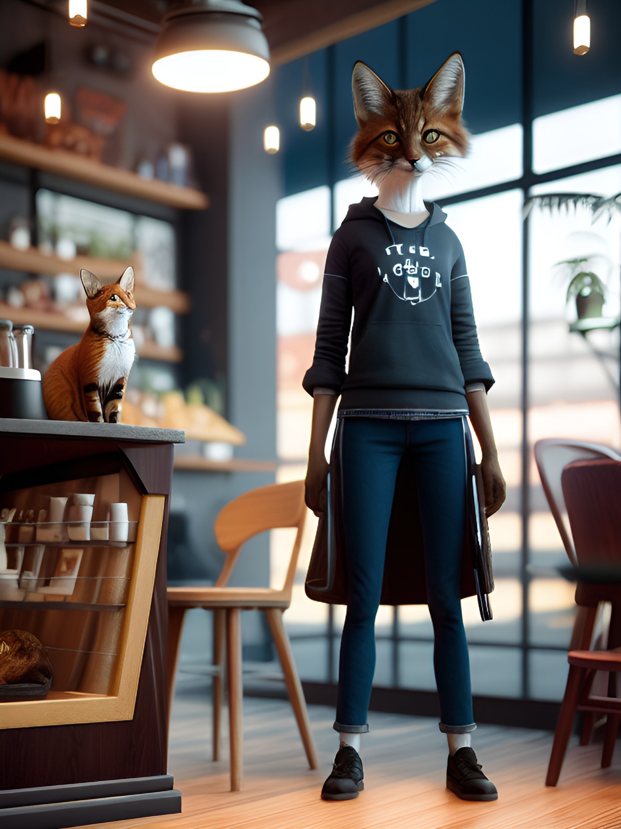 a cat fox human hybrid standing on hind legs, in a coffee house, other animal hybrids hanging out preview