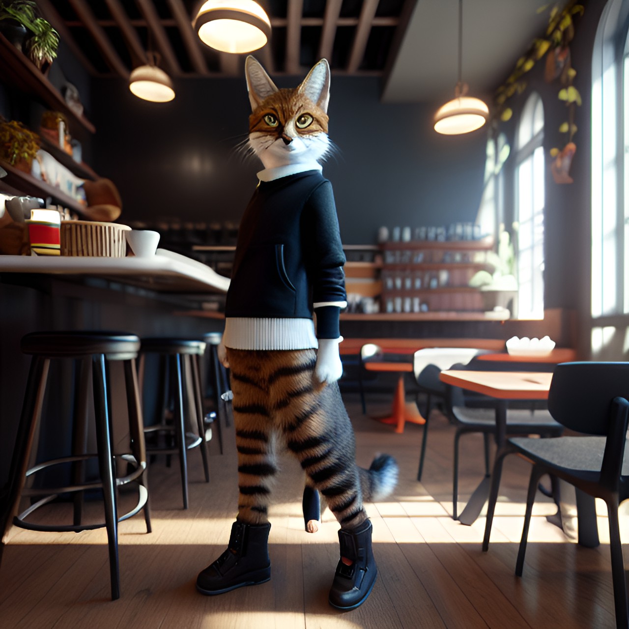 a cat fox human hybrid standing on hind legs, in a coffee house preview