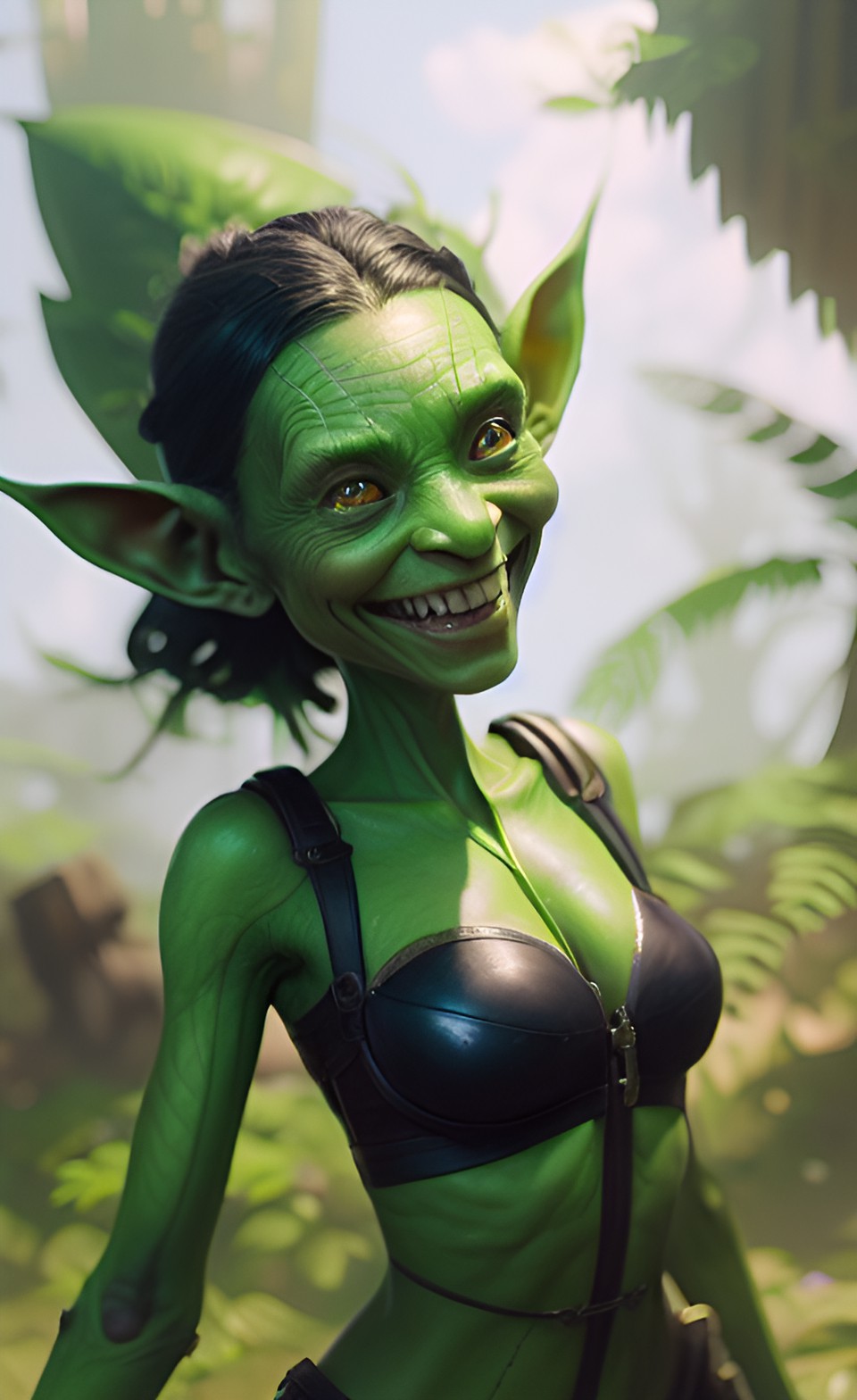 anthropomorphic human woman goblin with green skin smiling preview