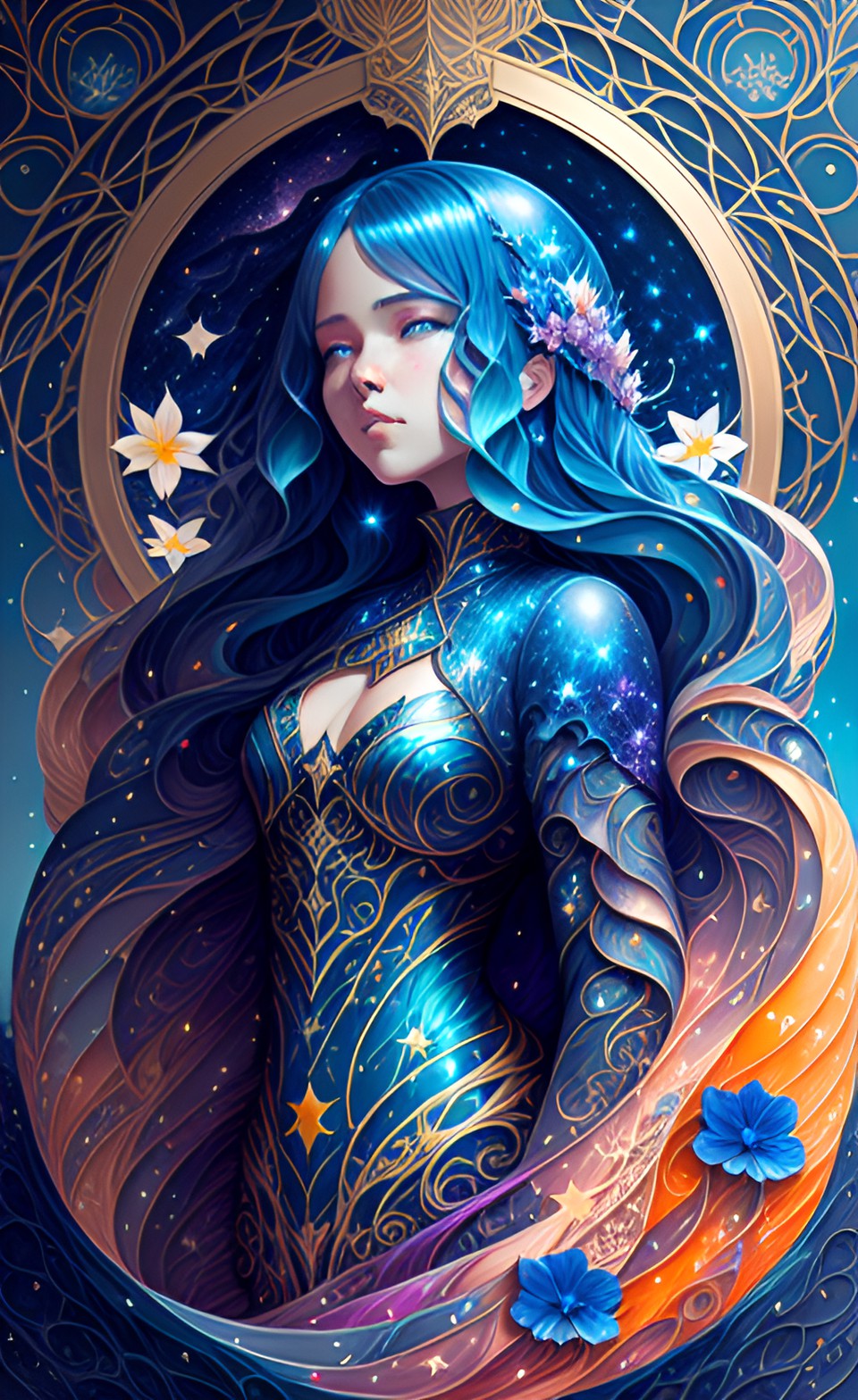 blue fairy among stars and flowers, art nouveau preview