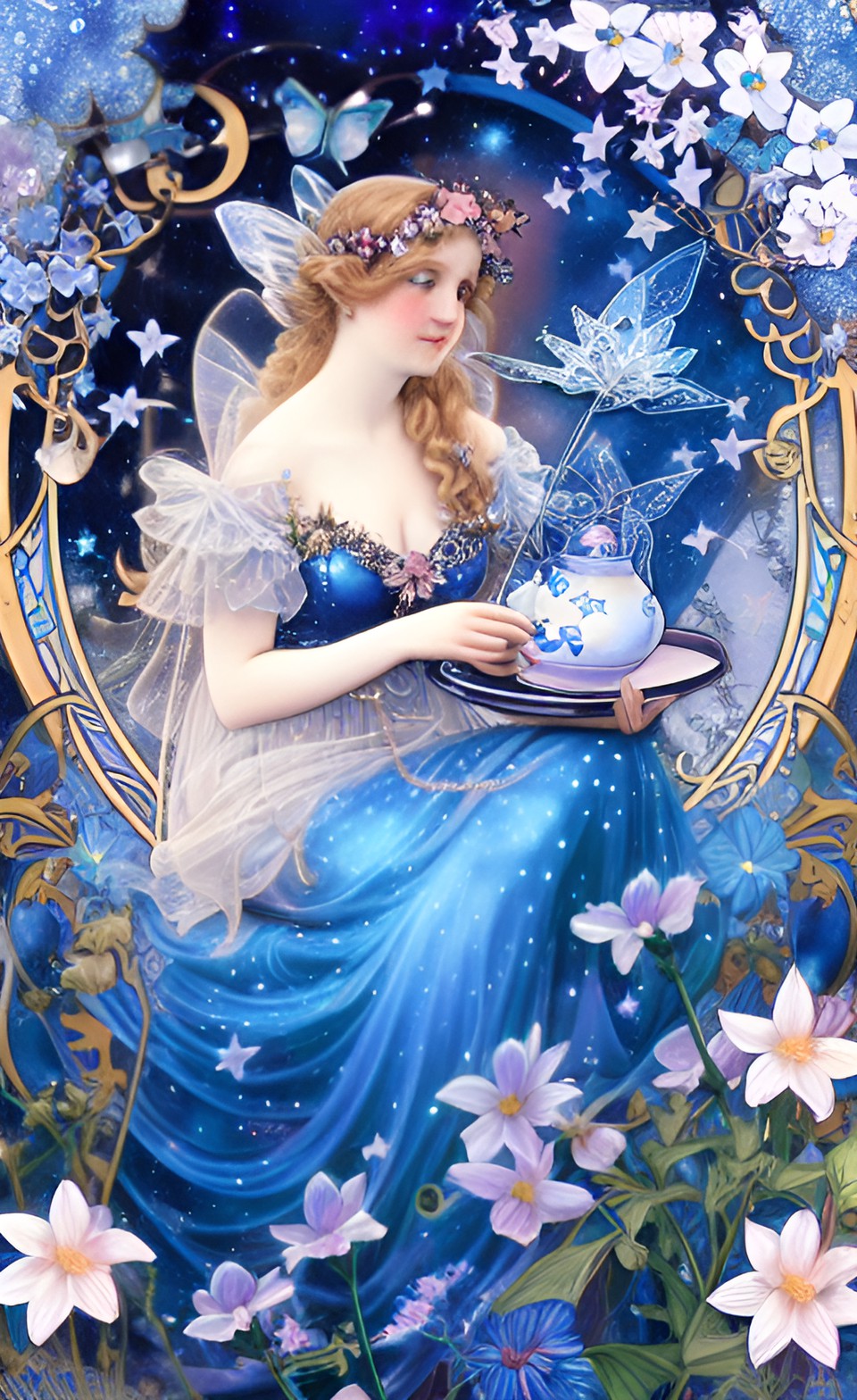 blue fairy among stars and flowers, art nouveau preview