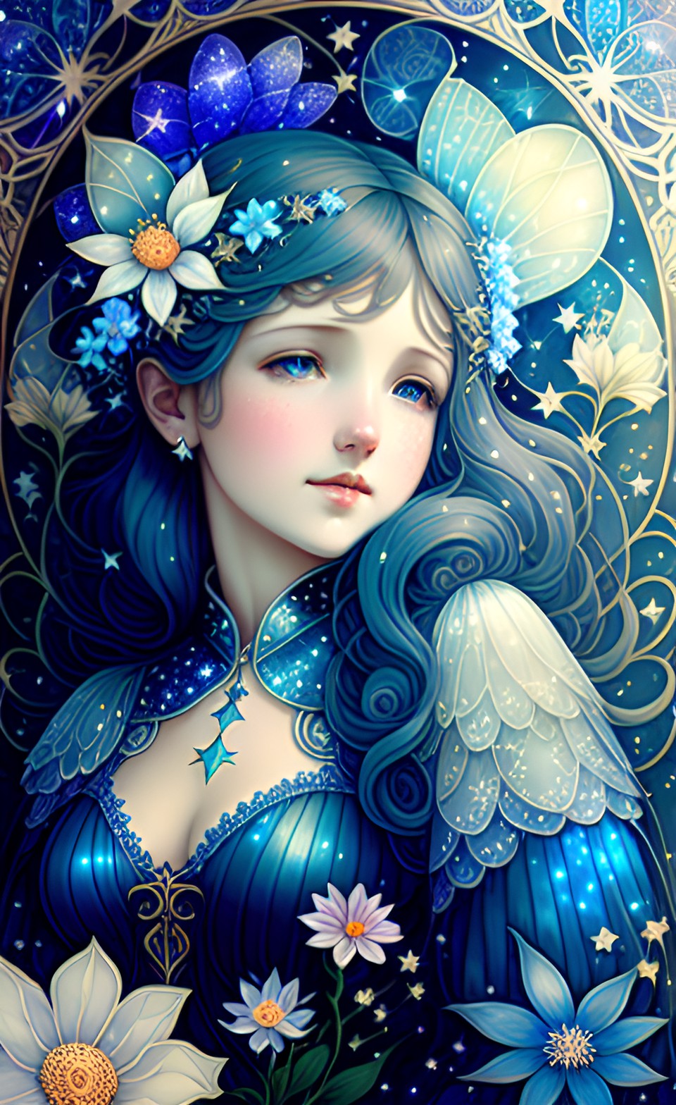 blue fairy among stars and flowers, art nouveau preview