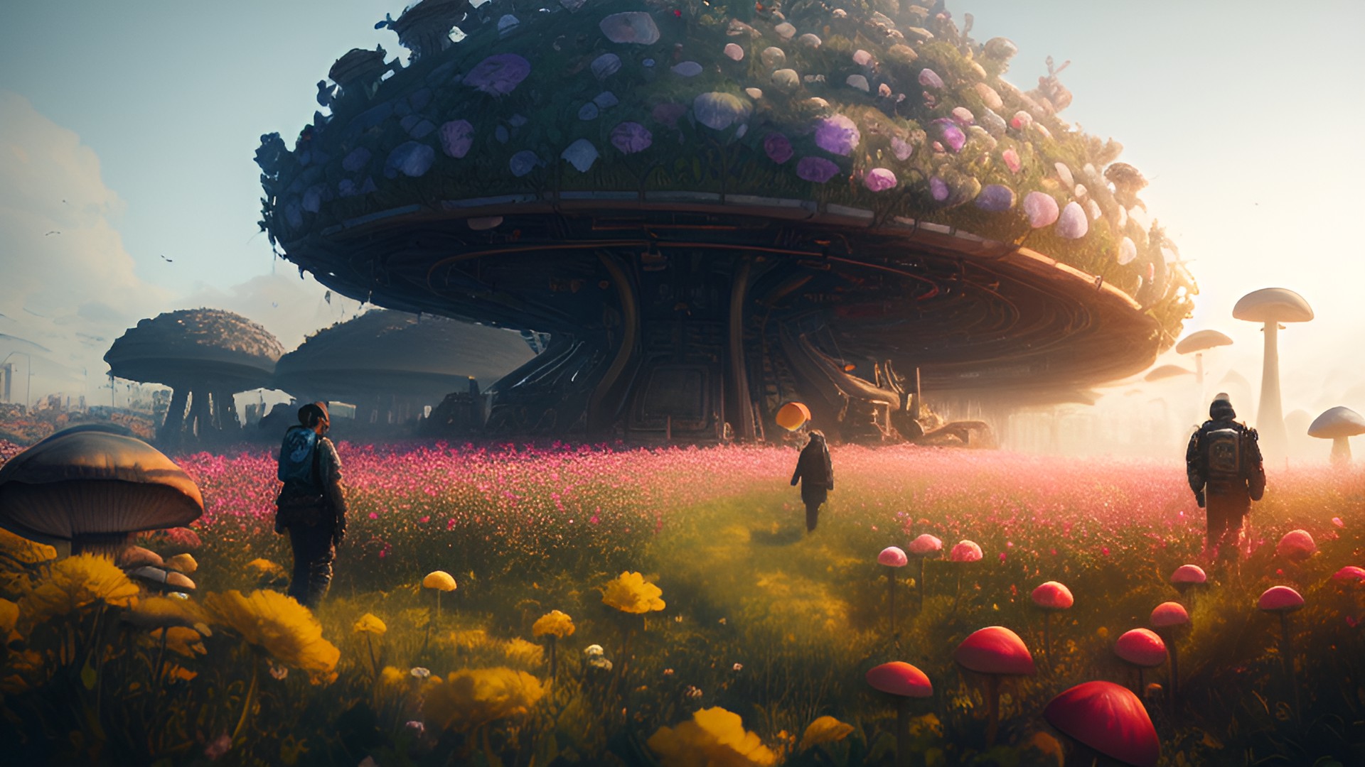 the wasteland filled with giant flowers and mushrooms, au natural, hyper detailed, digital art, trending in artstation, cinematic lighting, studio quality, smooth render, unreal engine, 5 rendered with people in masks working with machines preview