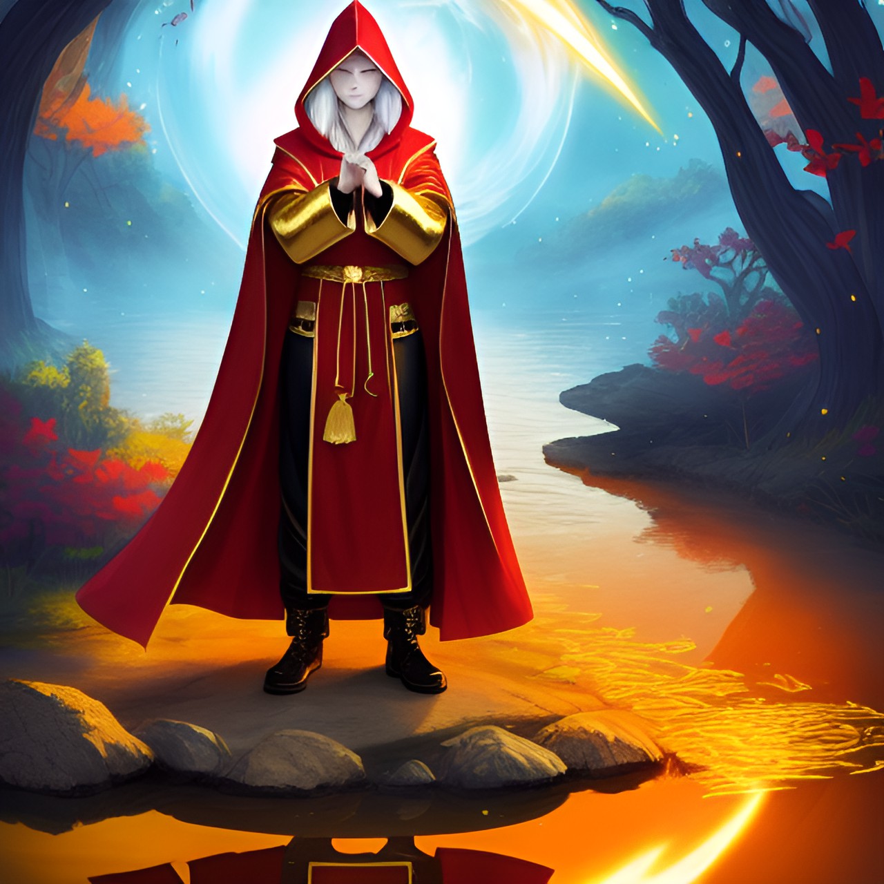 Raistlin at the Pond - fantasy style mage clean face shaved gold skin in a red robe with hood up with white hair with eyes closed waving white magic with a gold staff on the shore of a pond preview