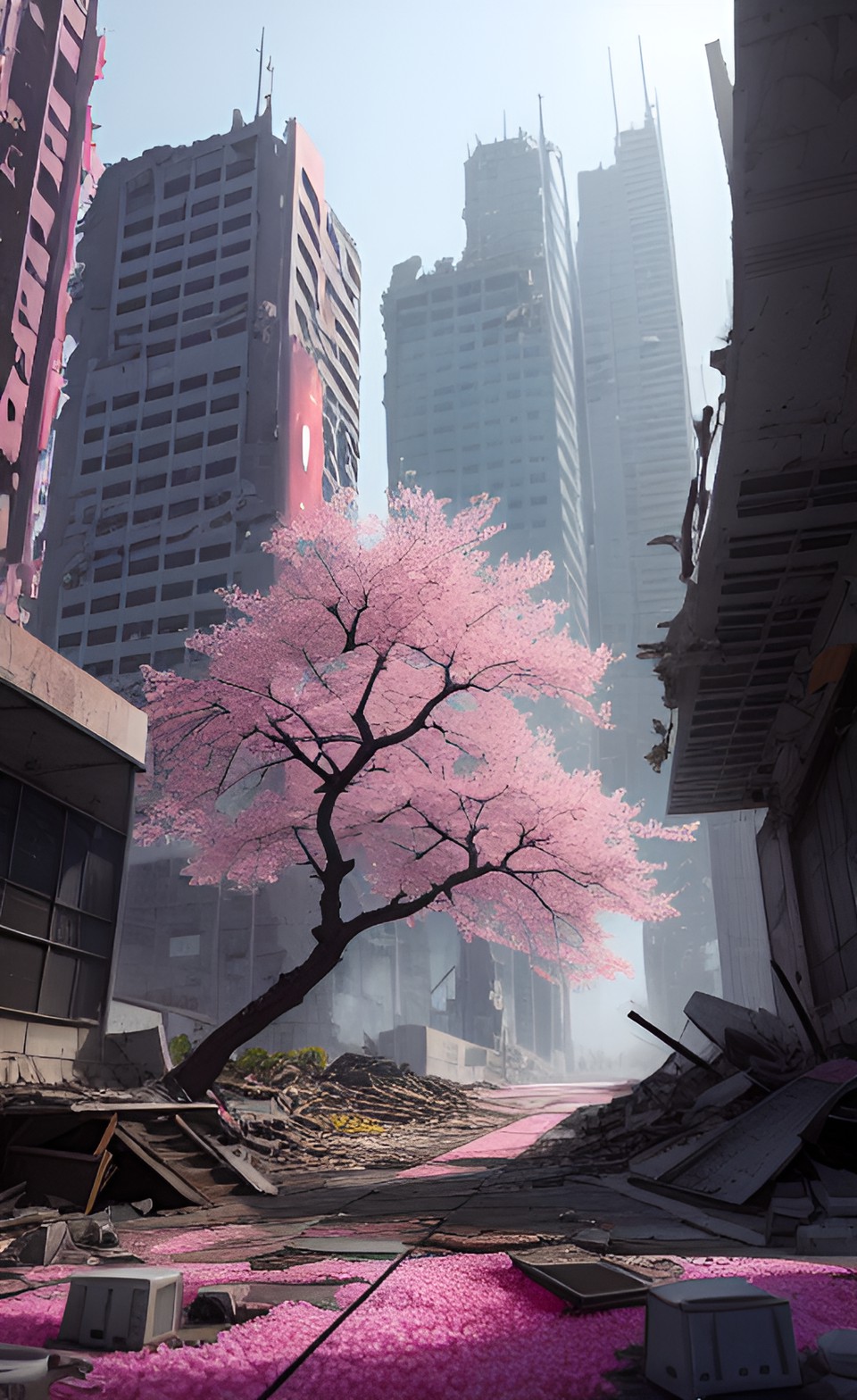 a single cherry blossom waving in the wind in a desolate completely destroyed futuristic city,post apocalyptic city, destruction yet peaceful, the cherry blossom is in the center, hd, masterpiece, dig preview